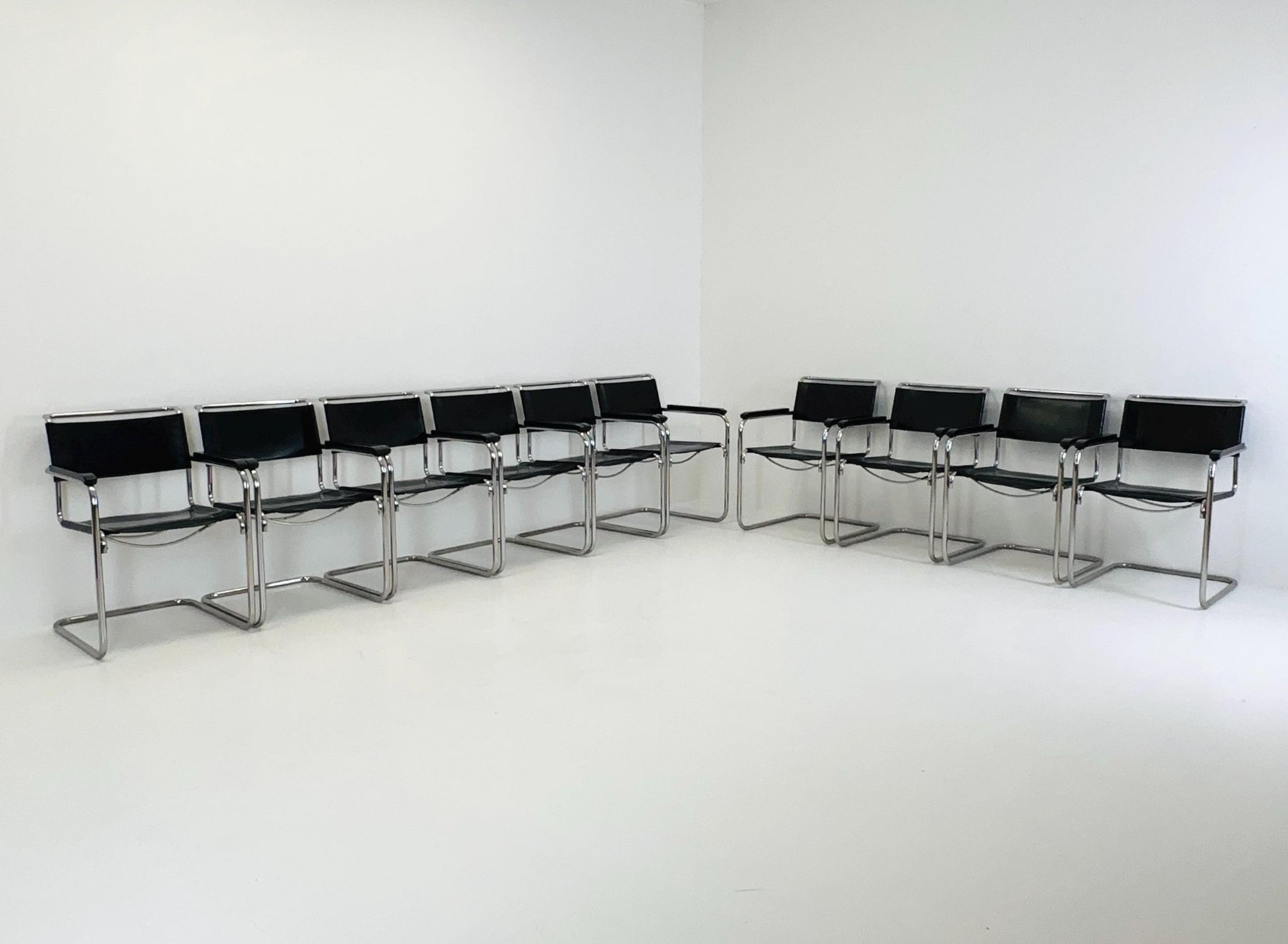 Set of 10 Bauhaus black leather iconic armchairs by mart Stam for Thonet 1980s