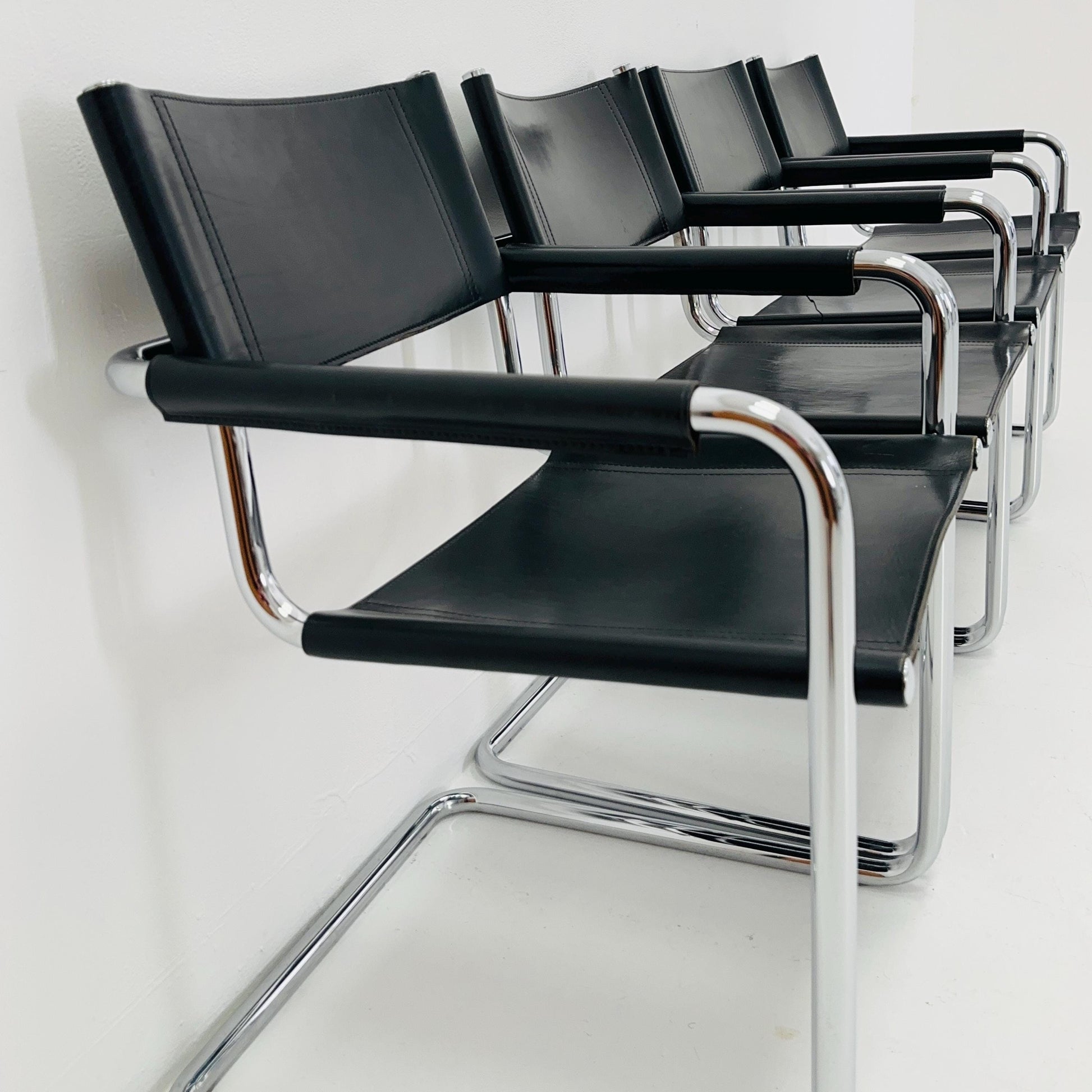 Set of 4 Mid century B34 Matteo Grassi Mg5 black leather cantilever chairs by Mart Stam italy 1980s