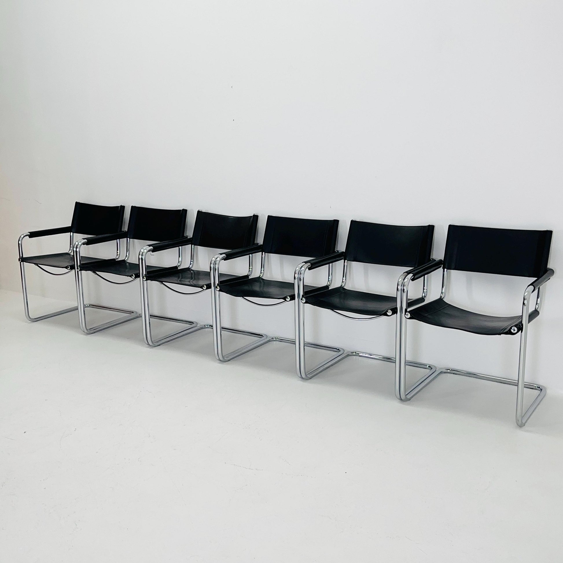 Set of 6 Mid century B34 Matteo Grassi Mg5 black leather cantilever chairs by Mart Stam italy 1980s