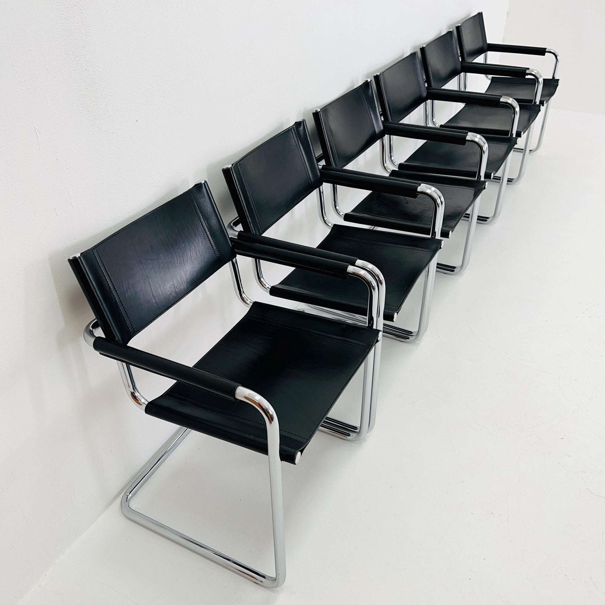 Set of 6 Mid century B34 Matteo Grassi Mg5 black leather cantilever chairs by Mart Stam italy 1980s