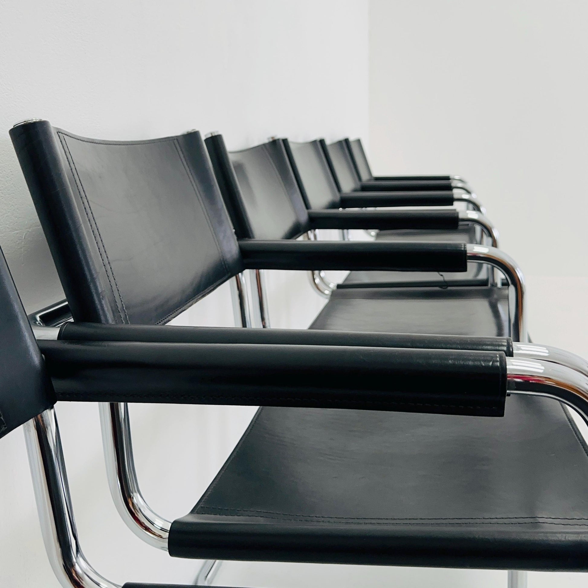 Set of 6 Mid century B34 Matteo Grassi Mg5 black leather cantilever chairs by Mart Stam italy 1980s
