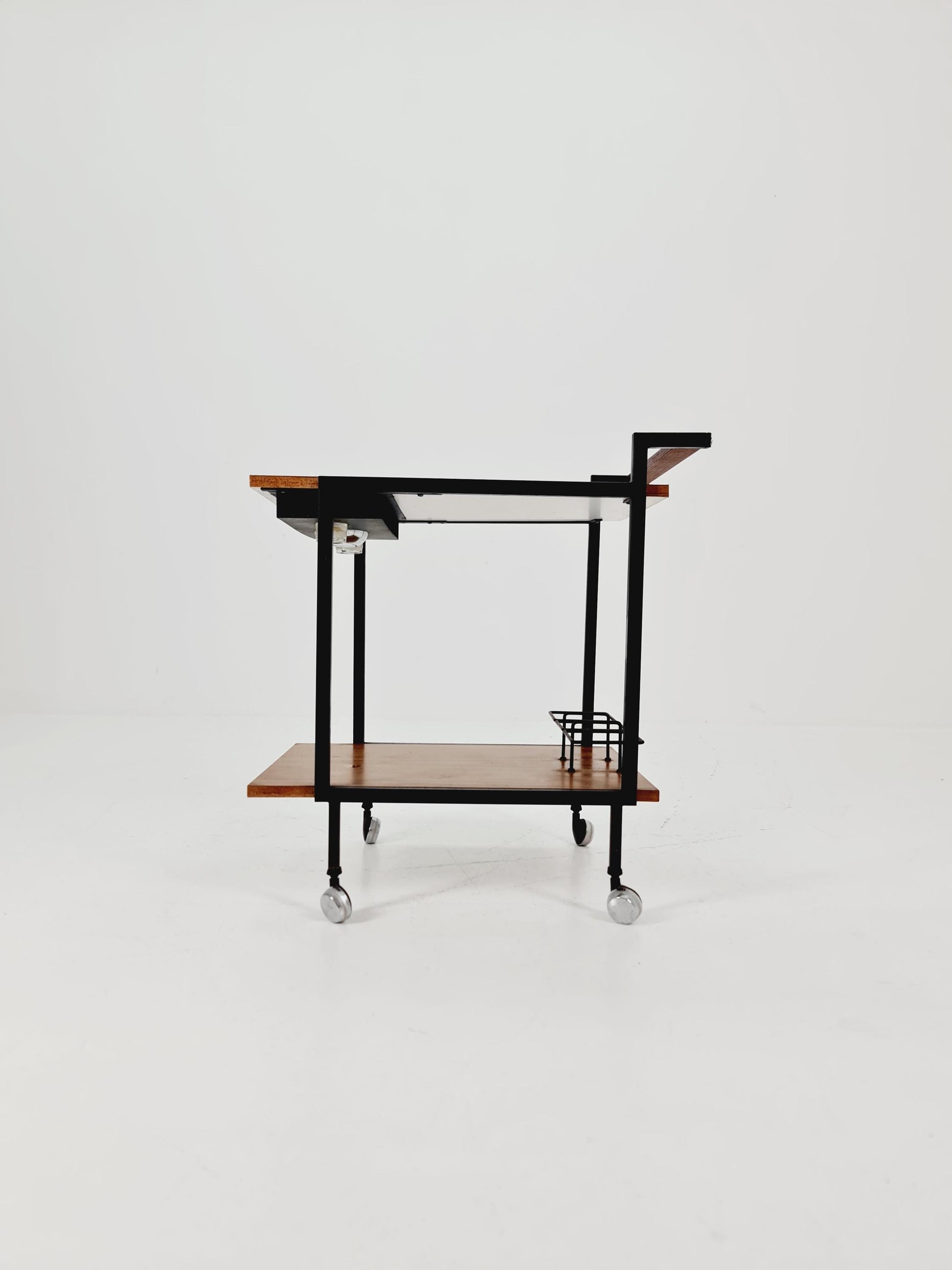 Vintage German mid century trolley bar cart in wood & metal, 1960s