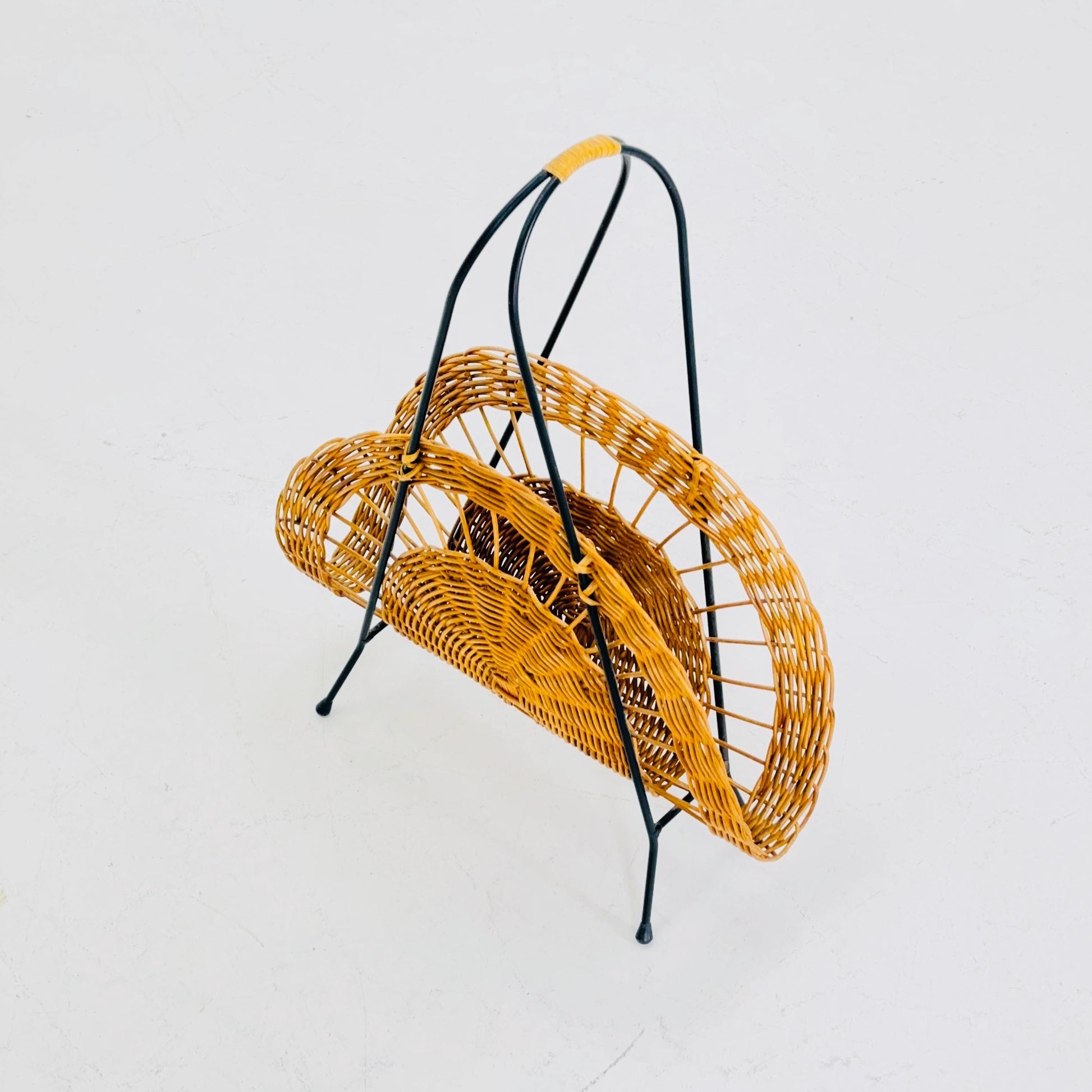 Vintage Woven Wicker Magazine Rack - Mid-Century Modern Storage Organizer - Rustic Boho Germany 1960s