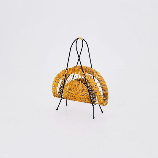 Vintage Woven Wicker Magazine Rack - Mid-Century Modern Storage Organizer - Rustic Boho Germany 1960s