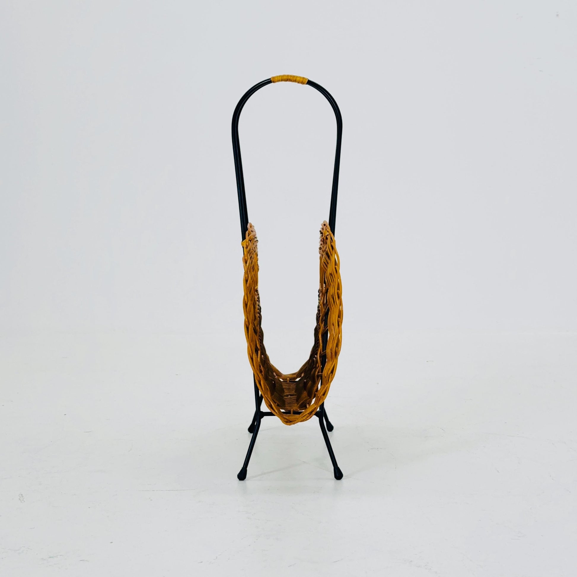 Vintage Woven Wicker Magazine Rack - Mid-Century Modern Storage Organizer - Rustic Boho Germany 1960s