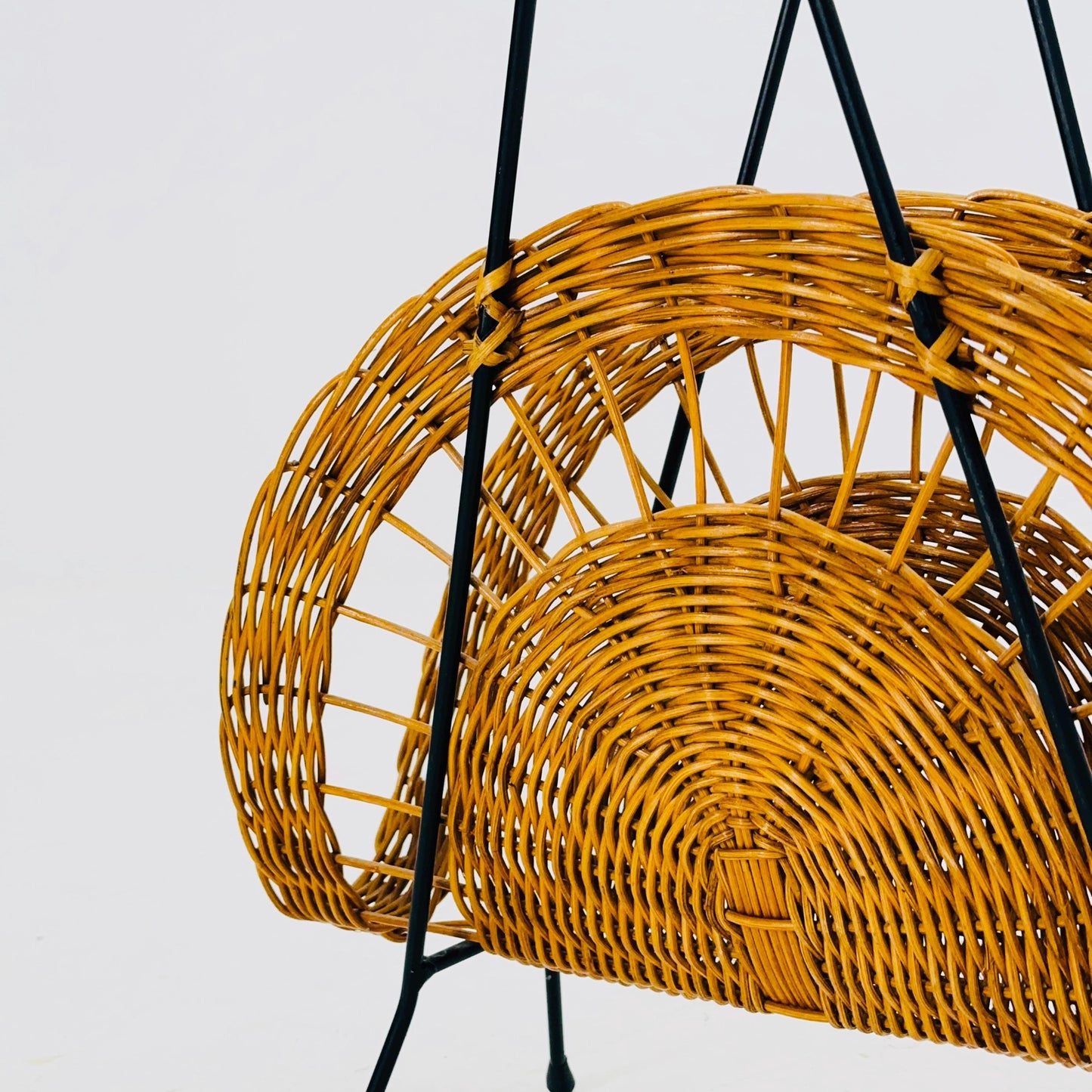 Vintage Woven Wicker Magazine Rack - Mid-Century Modern Storage Organizer - Rustic Boho Germany 1960s