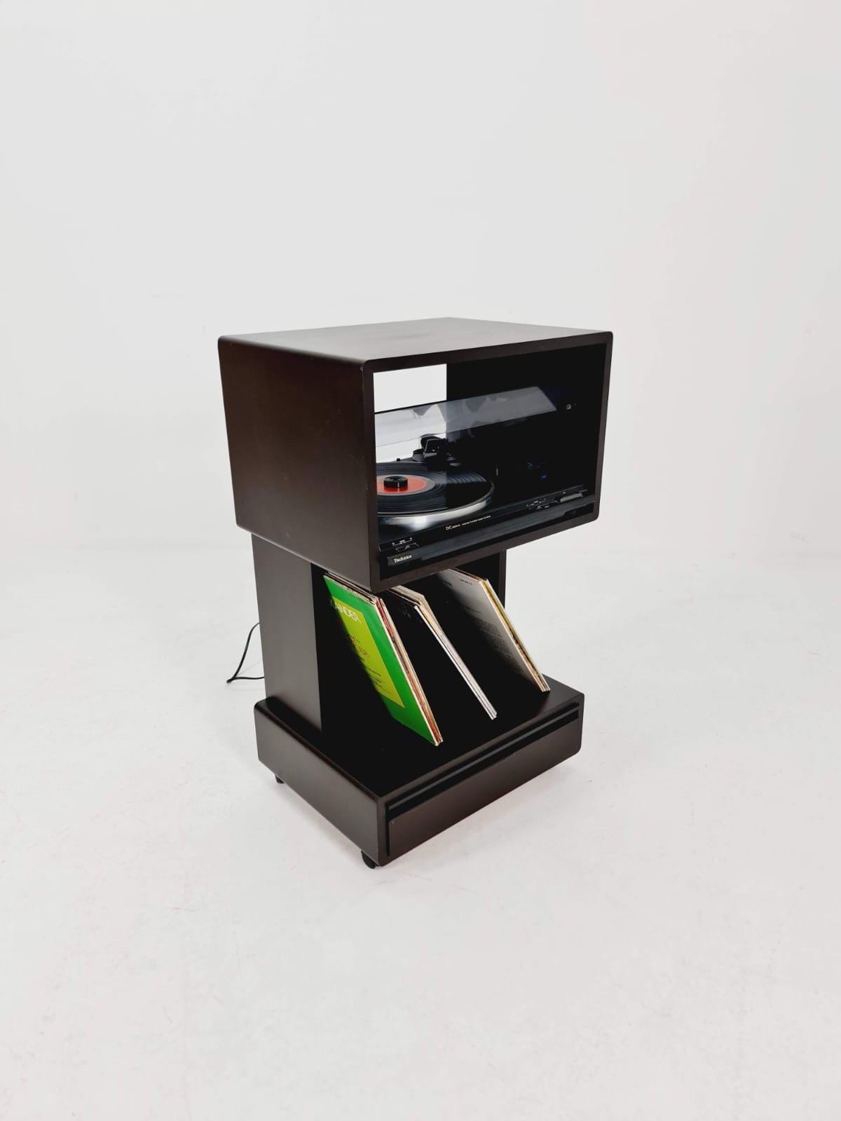 Mid century Dual Vinyl Record Cabinet – Black Wood, Rolling Storage with Cassette Drawer & Vinyl Holder 1970s Germany