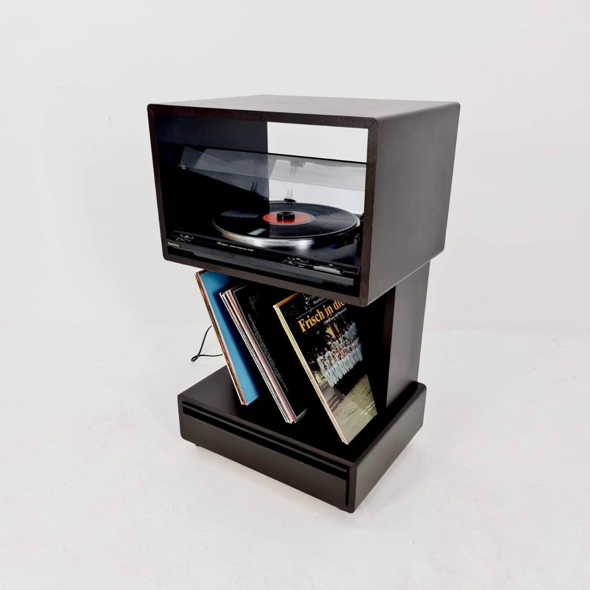Mid century Dual Vinyl Record Cabinet – Black Wood, Rolling Storage with Cassette Drawer & Vinyl Holder 1970s Germany