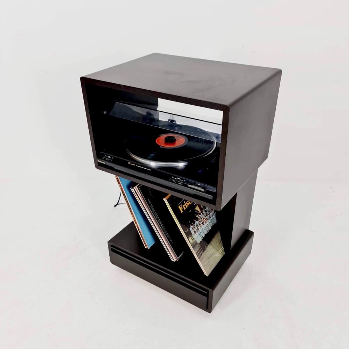 Mid century Dual Vinyl Record Cabinet – Black Wood, Rolling Storage with Cassette Drawer & Vinyl Holder 1970s Germany