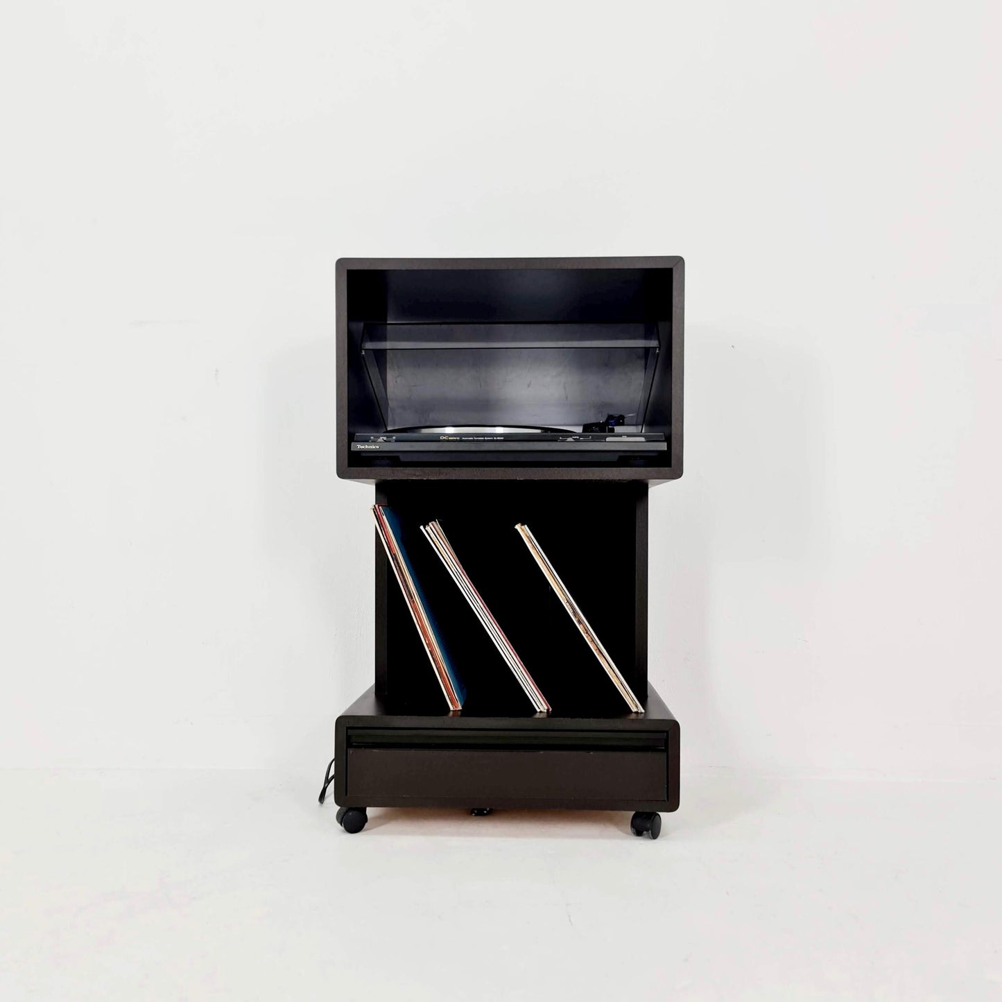 Mid century Dual Vinyl Record Cabinet – Black Wood, Rolling Storage with Cassette Drawer & Vinyl Holder 1970s Germany