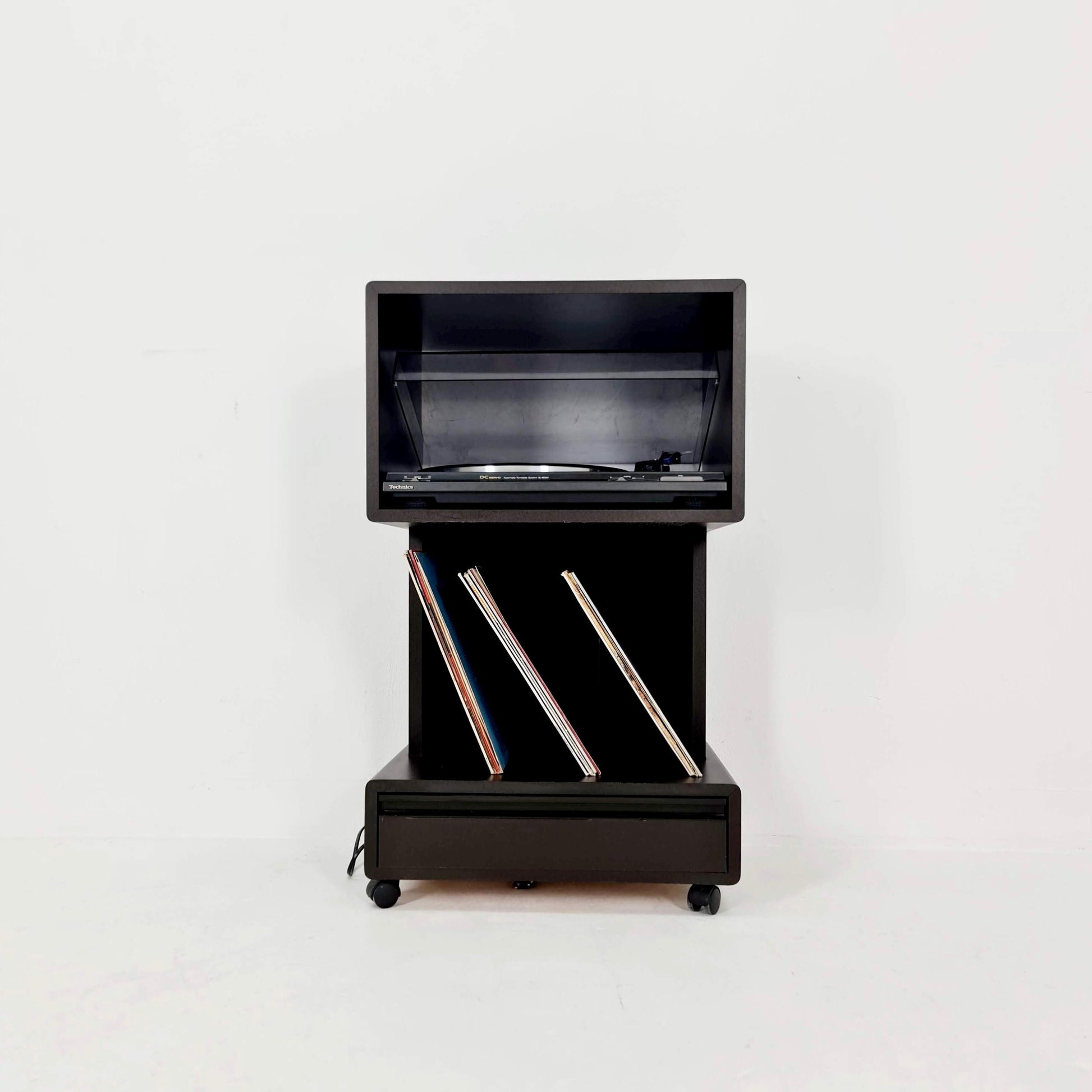 Mid century Dual Vinyl Record Cabinet – Black Wood, Rolling Storage with Cassette Drawer & Vinyl Holder 1970s Germany