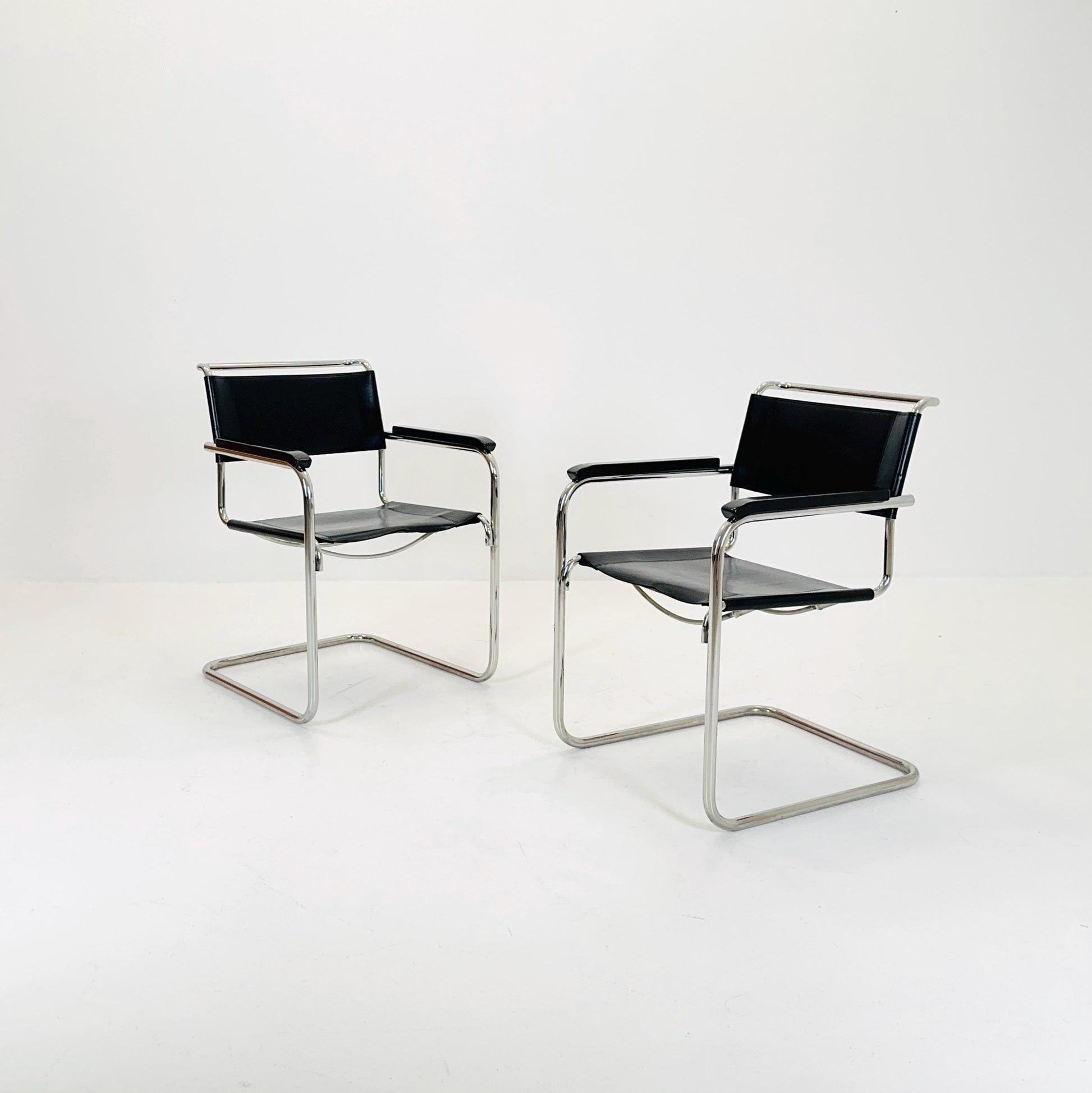 Set of 2 Bauhaus black leather iconic armchairs by mart Stam for Thonet 1980s