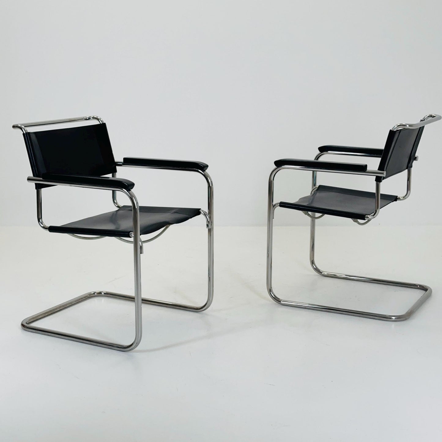 Set of 2 Bauhaus black leather iconic armchairs by mart Stam for Thonet 1980s