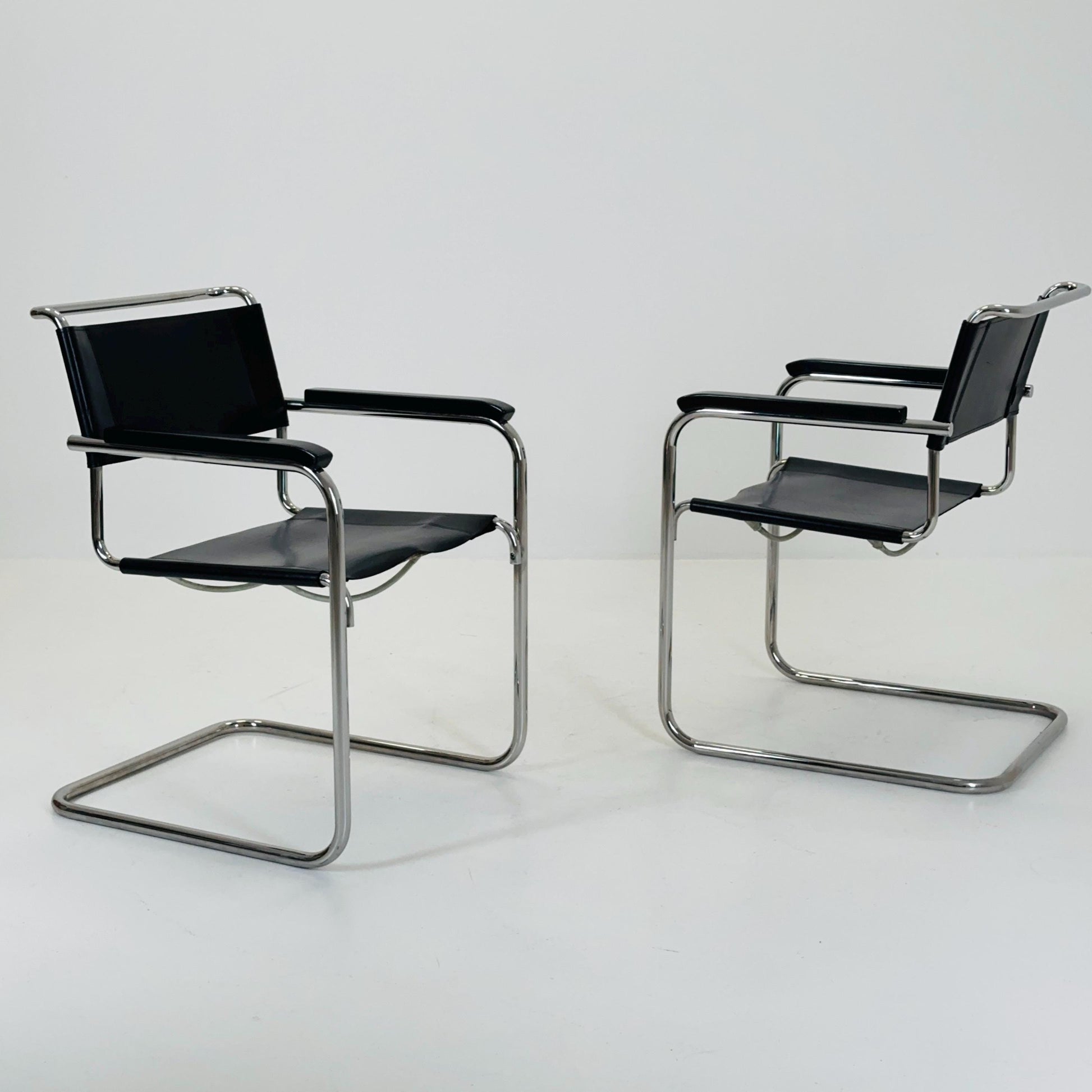 Set of 2 Bauhaus black leather iconic armchairs by mart Stam for Thonet 1980s
