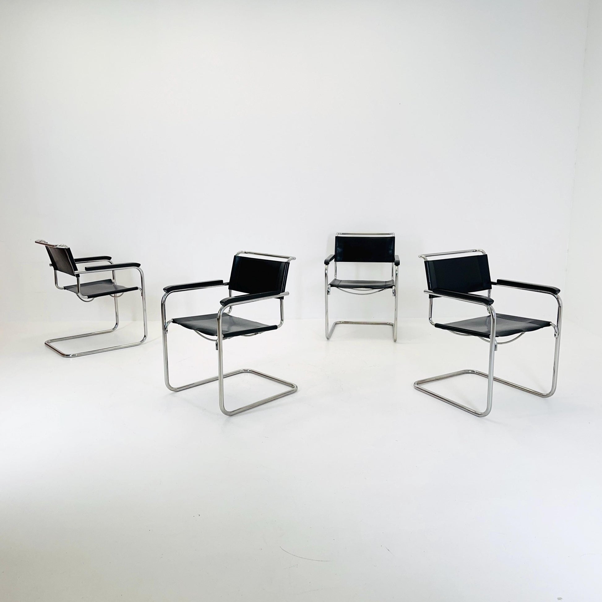Set of 4 Bauhaus black leather iconic armchairs by mart Stam for Thonet 1980s