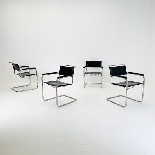 Set of 4 Bauhaus black leather iconic armchairs by mart Stam for Thonet 1980s