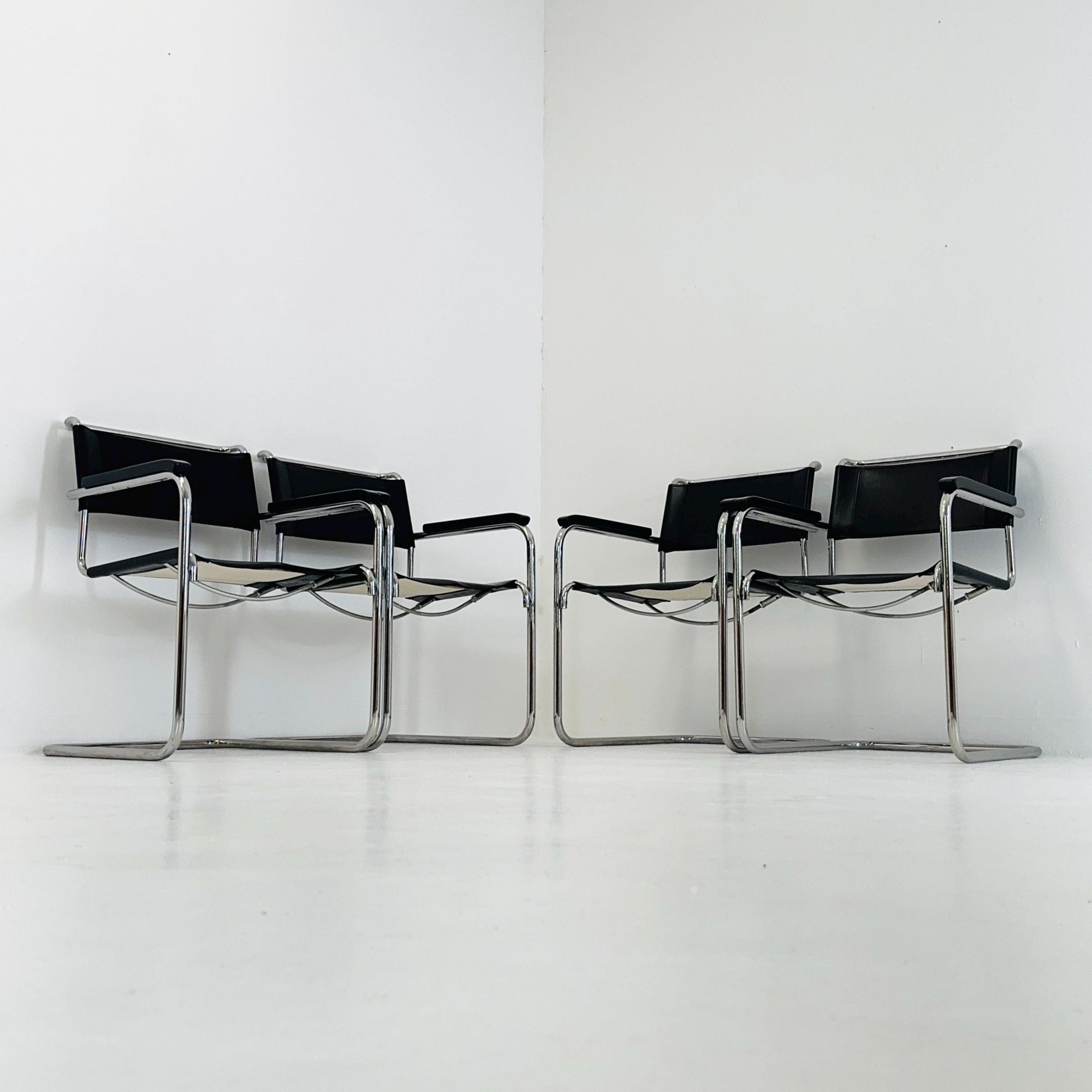 Set of 4 Bauhaus black leather iconic armchairs by mart Stam for Thonet 1980s