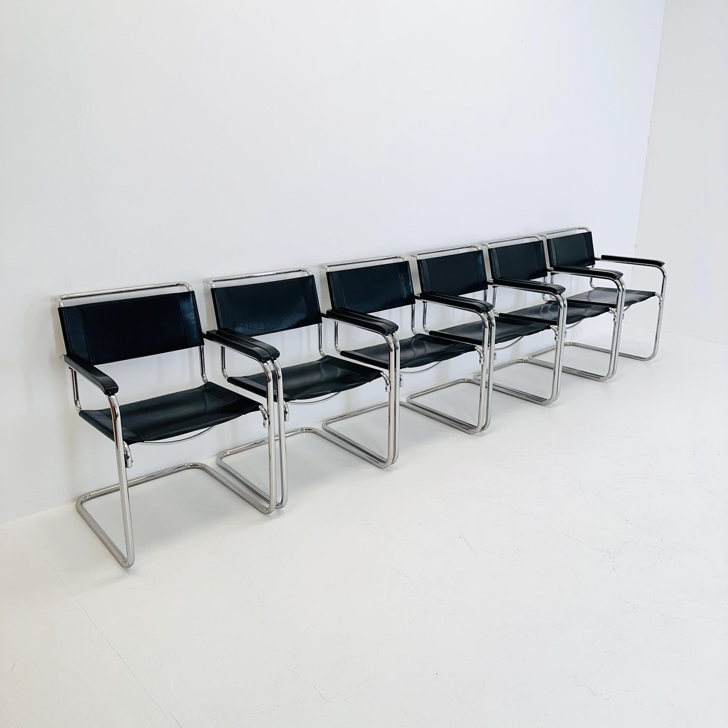 Set of 6 Bauhaus black leather iconic armchairs by mart Stam for Thonet 1980s