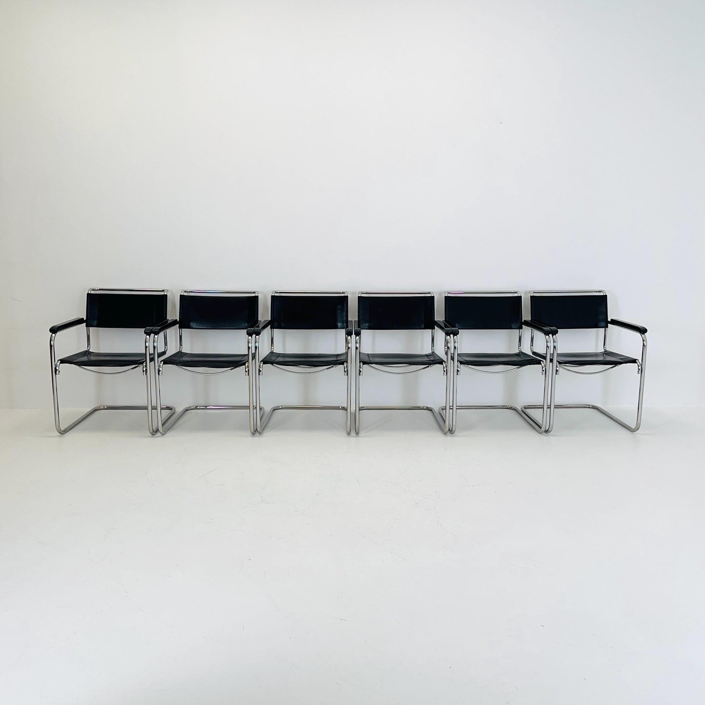 Set of 6 Bauhaus black leather iconic armchairs by mart Stam for Thonet 1980s