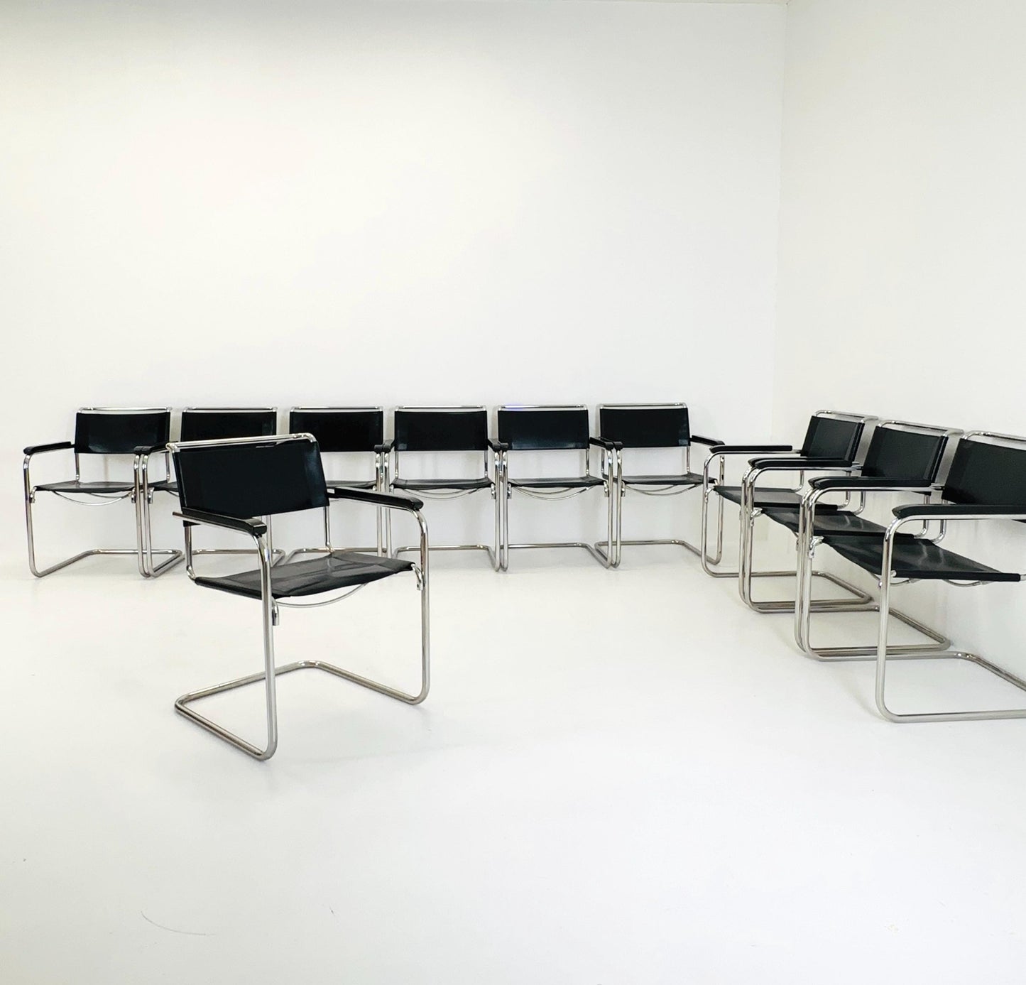 Set of 10 Bauhaus black leather iconic armchairs by mart Stam for Thonet 1980s