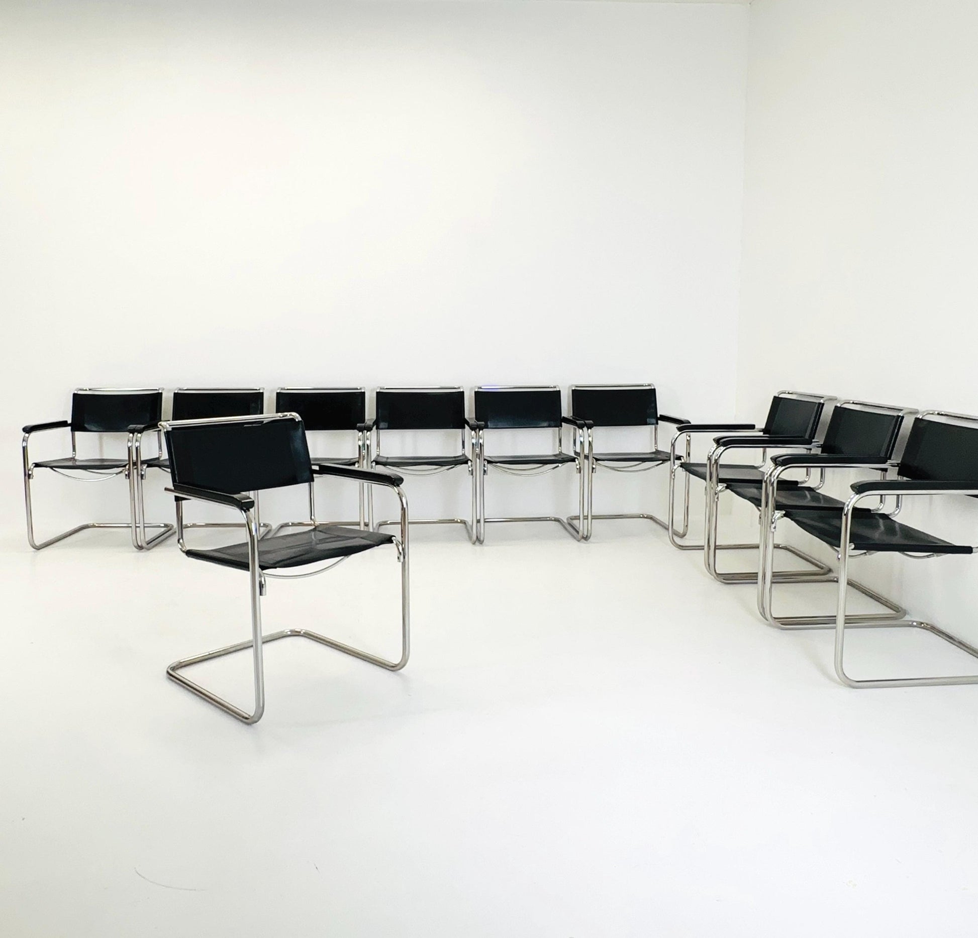 Set of 10 Bauhaus black leather iconic armchairs by mart Stam for Thonet 1980s