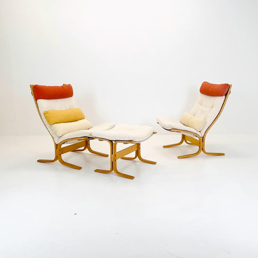 set of 2 Mid century rare cotton armchair “Siesta” and ottoman by Ingmar Relling, Westnofa Furniture, Norway. 1990s