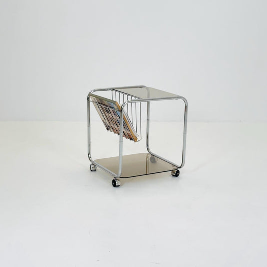 Mid century Chrome bar cart/serving trolley. magazine rack Smoked glass ,Bauhaus Germany 1980s