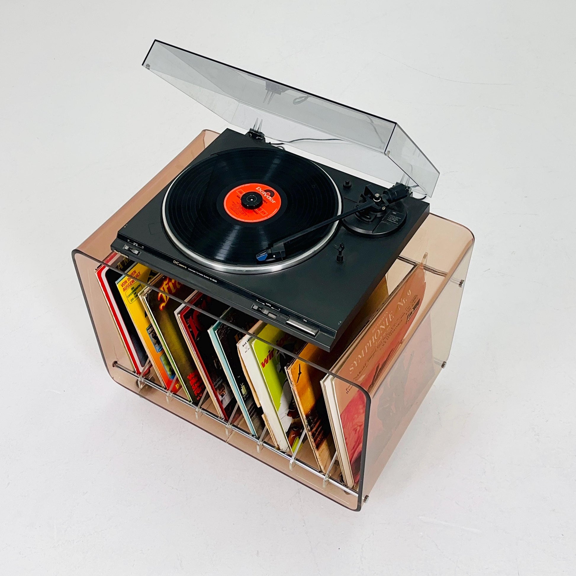 Space age Smoked Brown Plexiglass vinyl storage /Trolley by Michel Dumas for Roche Bobois 1970s