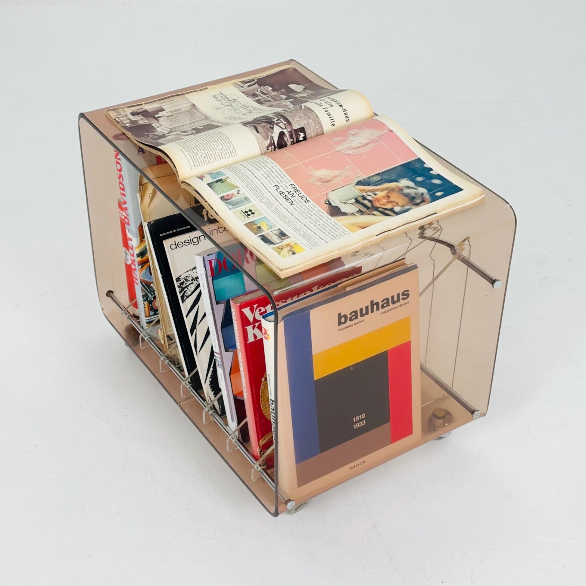 Space age Smoked Brown Plexiglass vinyl storage /Trolley by Michel Dumas for Roche Bobois 1970s