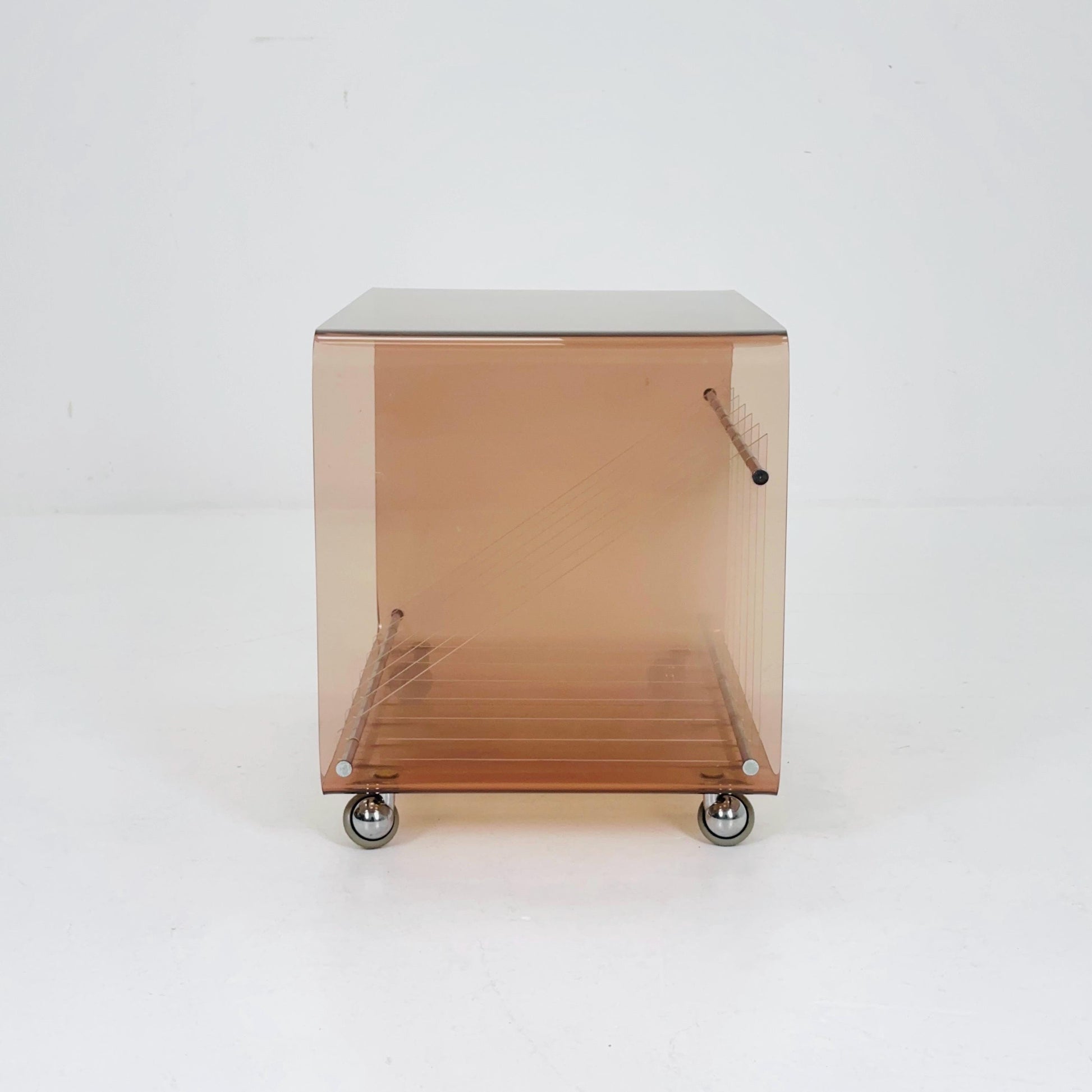 Space age Smoked Brown Plexiglass vinyl storage /Trolley by Michel Dumas for Roche Bobois 1970s