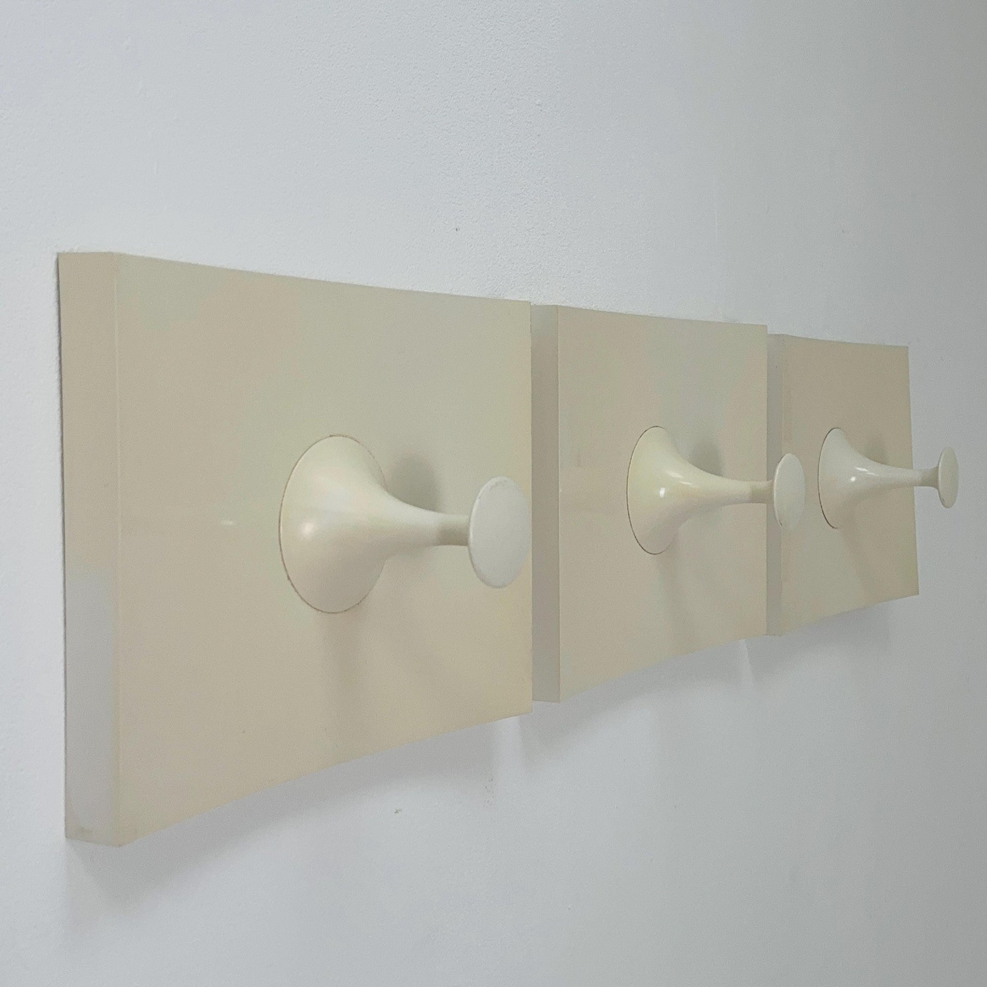 Set of 3 large space age coat hooks in plastic and painted wood by Schonbuch. Germany 1970s