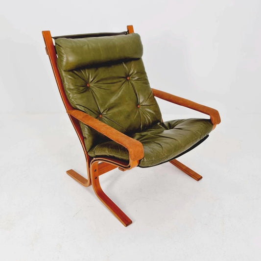 Mid century Ingmar Relling Danish Modern Siesta olive green leather Chair with High Back and Armrests from Westnofa Norway 1960s