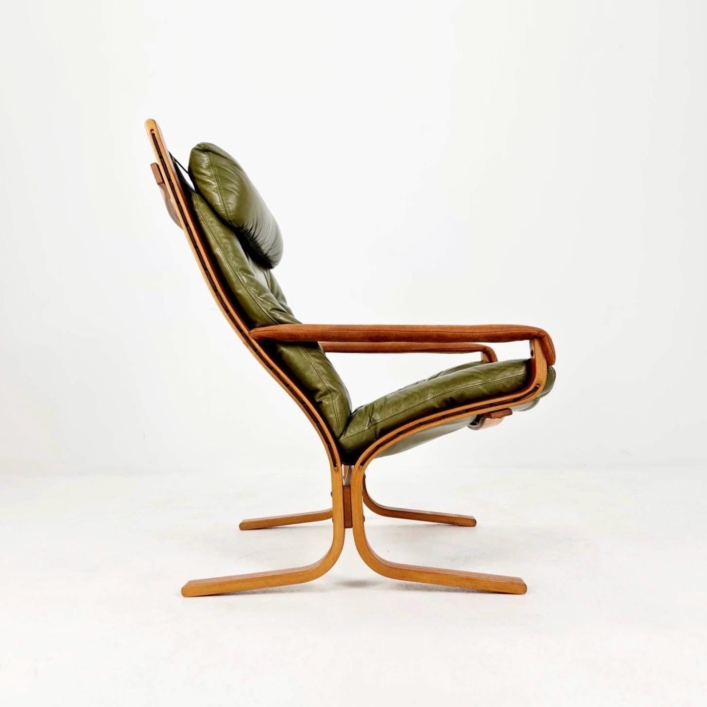 Mid century Ingmar Relling Danish Modern Siesta olive green leather Chair with High Back and Armrests from Westnofa Norway 1960s