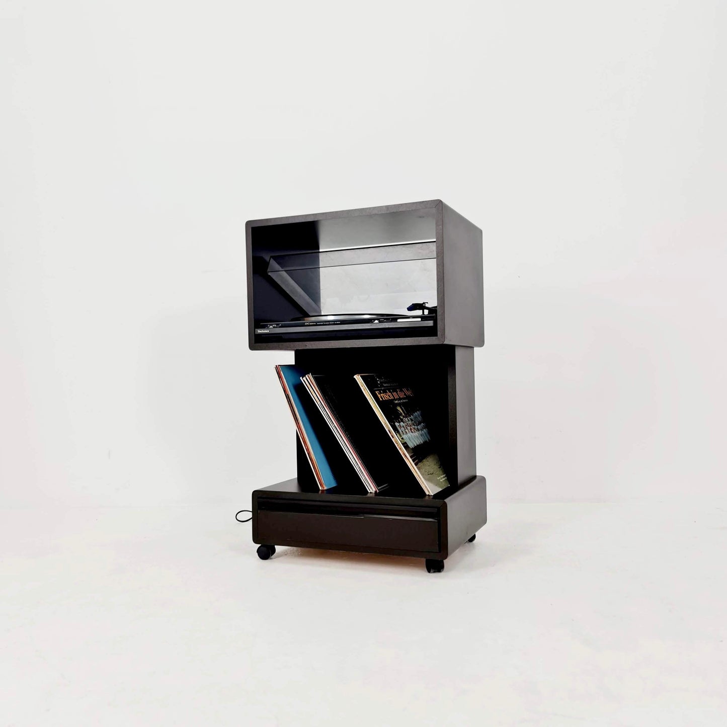 Mid century Dual Vinyl Record Cabinet – Black Wood, Rolling Storage with Cassette Drawer & Vinyl Holder 1970s Germany