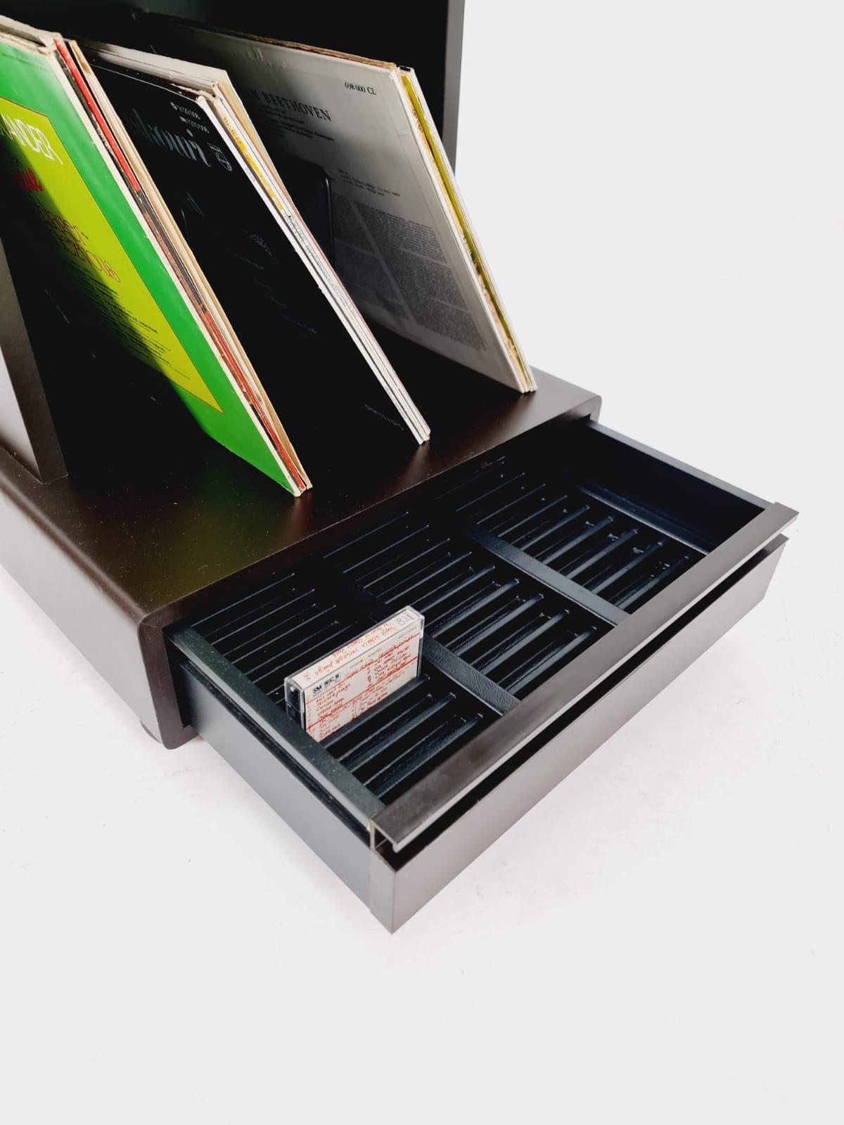 Mid century Dual Vinyl Record Cabinet – Black Wood, Rolling Storage with Cassette Drawer & Vinyl Holder 1970s Germany