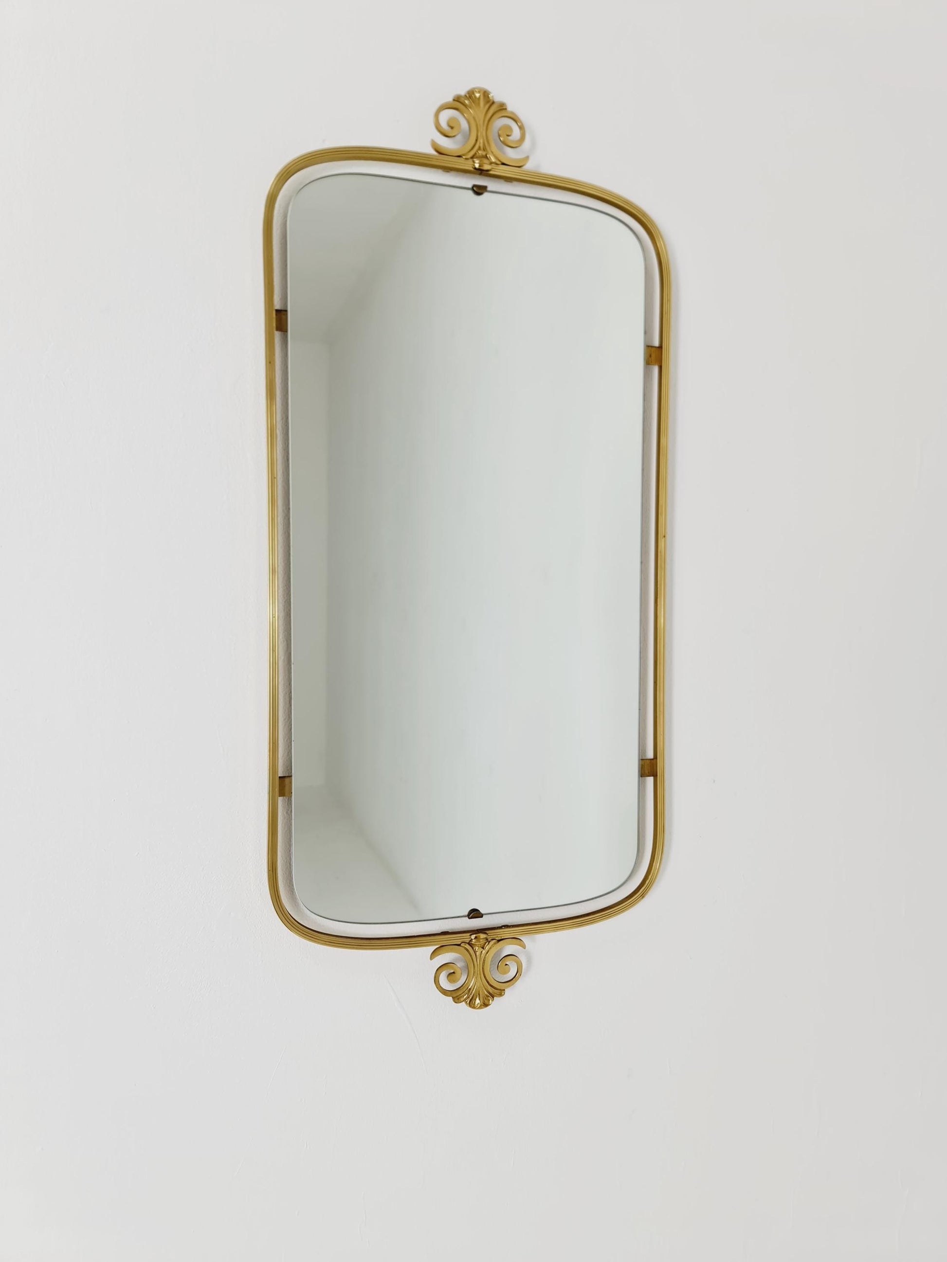 Mid Century asymmetric German brass Original kidney wall mirror from the 60s