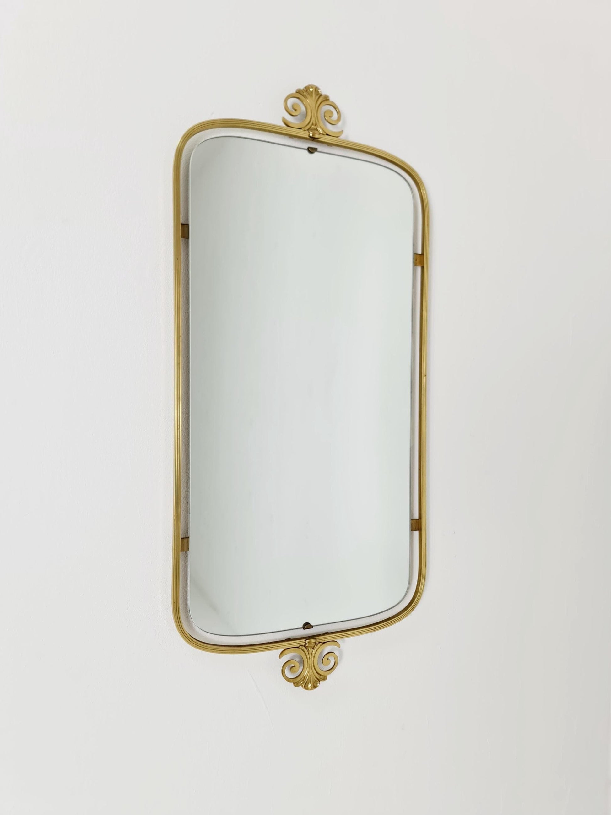 Mid Century asymmetric German brass Original kidney wall mirror from the 60s