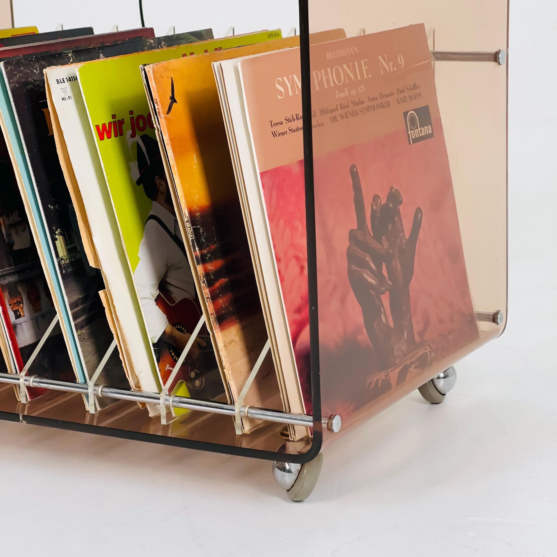 Space age Smoked Brown Plexiglass vinyl storage /Trolley by Michel Dumas for Roche Bobois 1970s