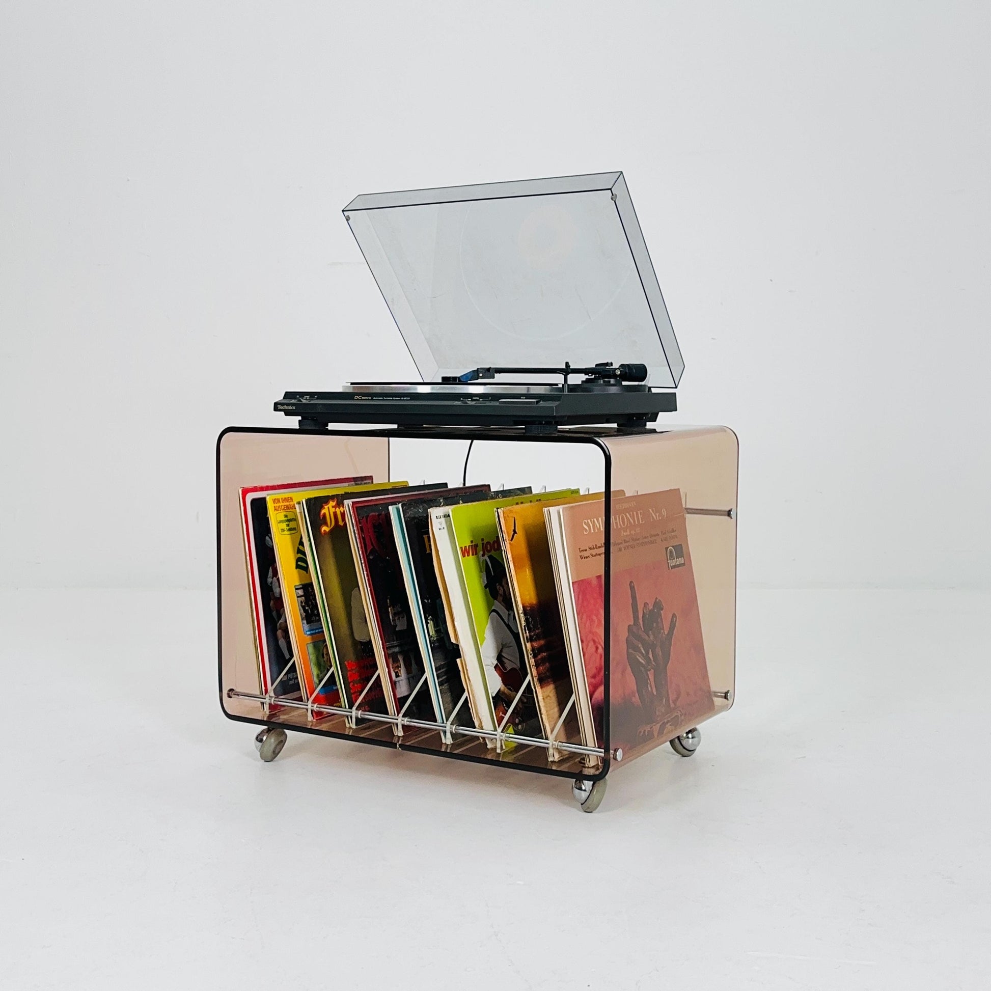 Space age Smoked Brown Plexiglass vinyl storage /Trolley by Michel Dumas for Roche Bobois 1970s
