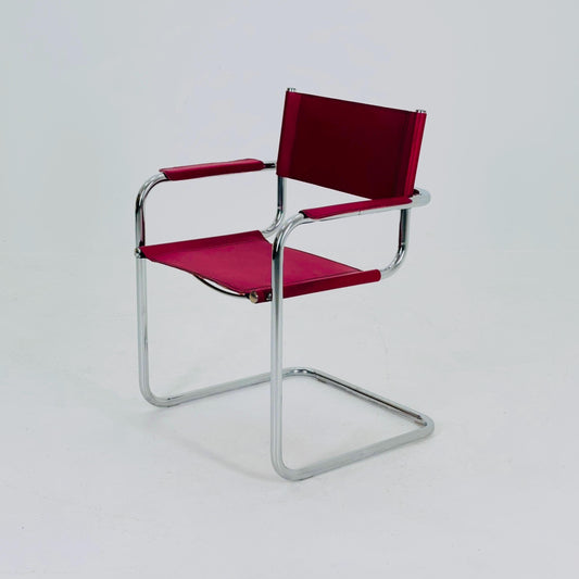 Mid Century iconic Mart Stam S34 armchair / Bauhaus chrome tube steel and burgundy faux leather / 80s vintage cantilever chair italy