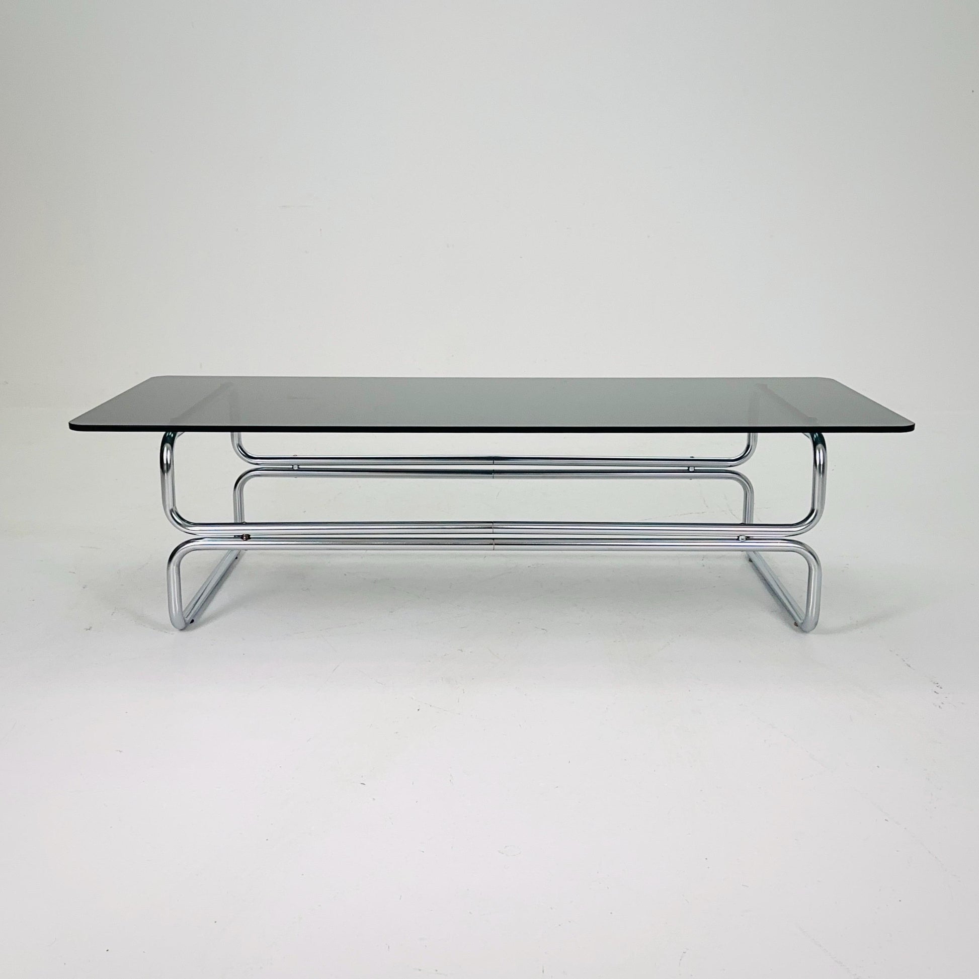 Mid century Large Bauhaus Coffee Table tubalr Chrom & smoked glass by Gae Aulenti Italy 1980s