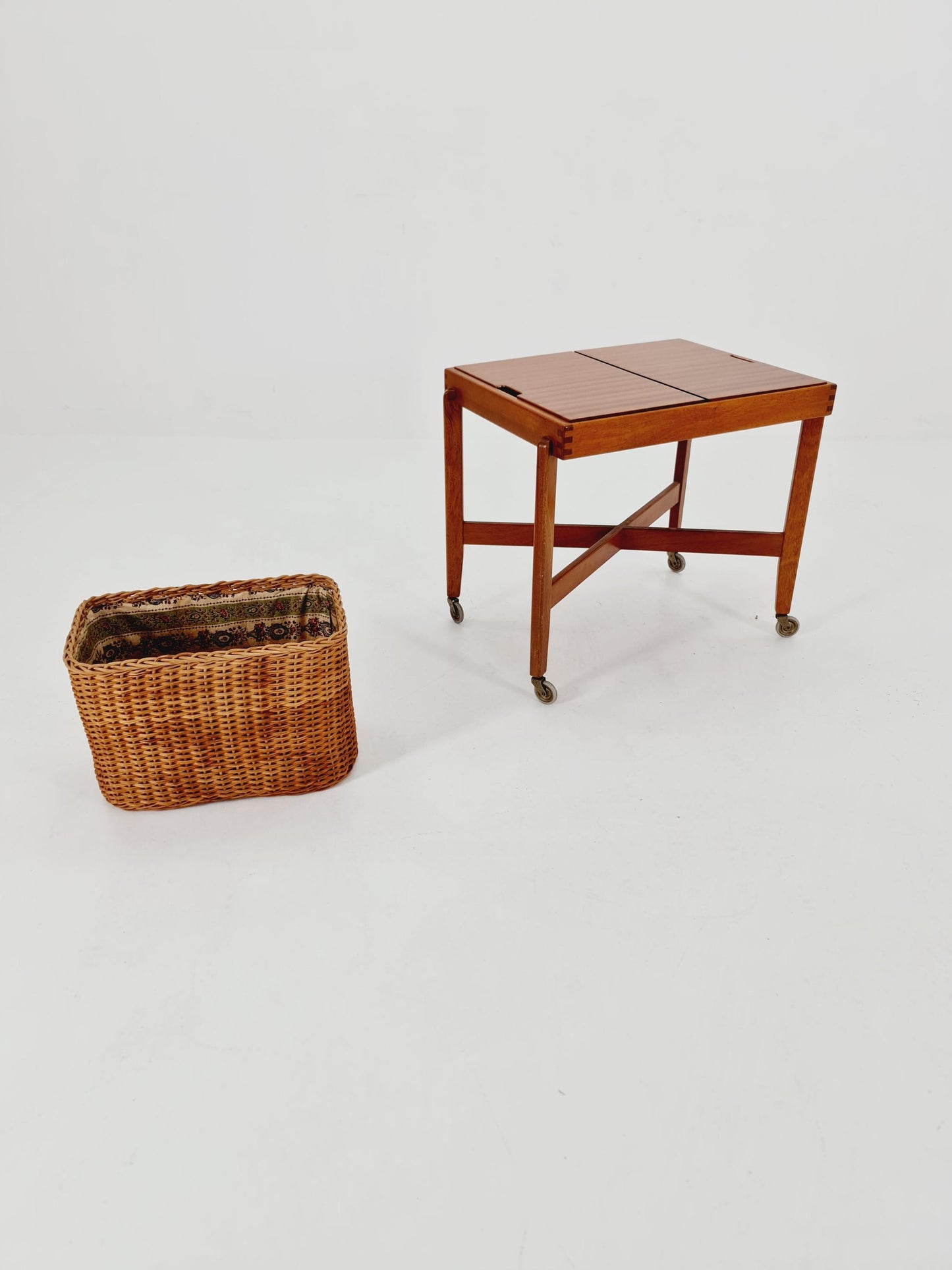 Vintage Danish teak and rattan sewing table/ side table cabinet By Asko , 1960s