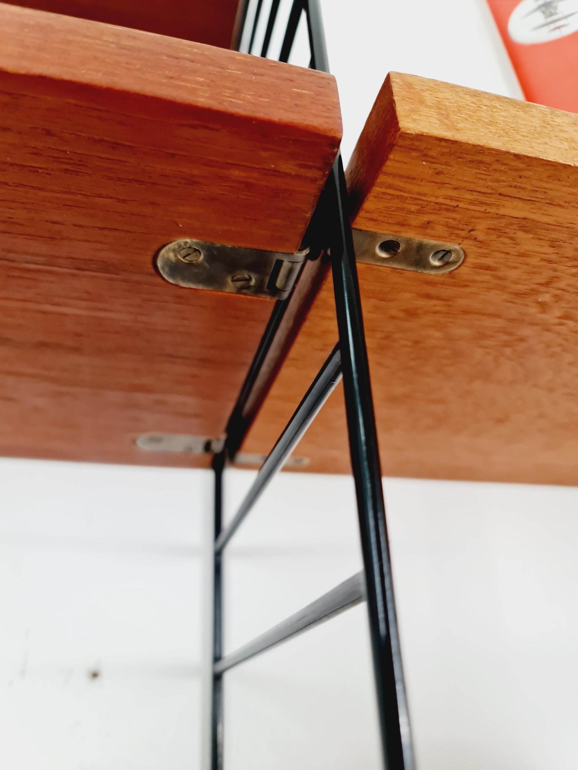 Original MCM Teak shelving system - consists of black lacquered metal ladders, from string Stockholm 1960s