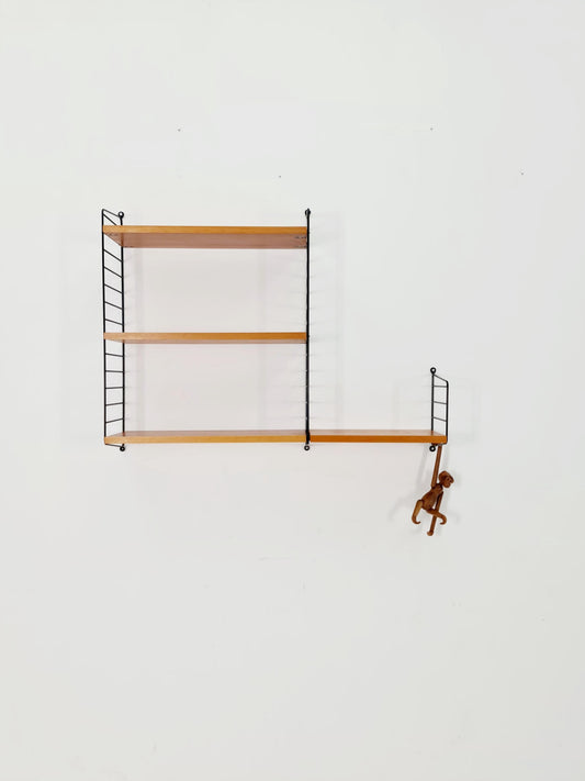 Original MCM Teak shelving system - consists of Black lacquered metal ladders, from string Stockholm 1960s