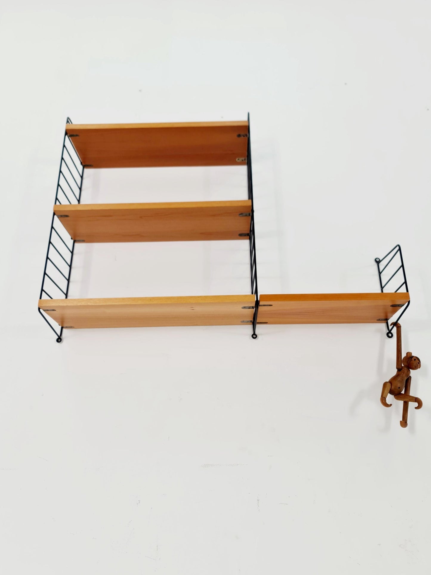 Original MCM Teak shelving system - consists of Black lacquered metal ladders, from string Stockholm 1960s