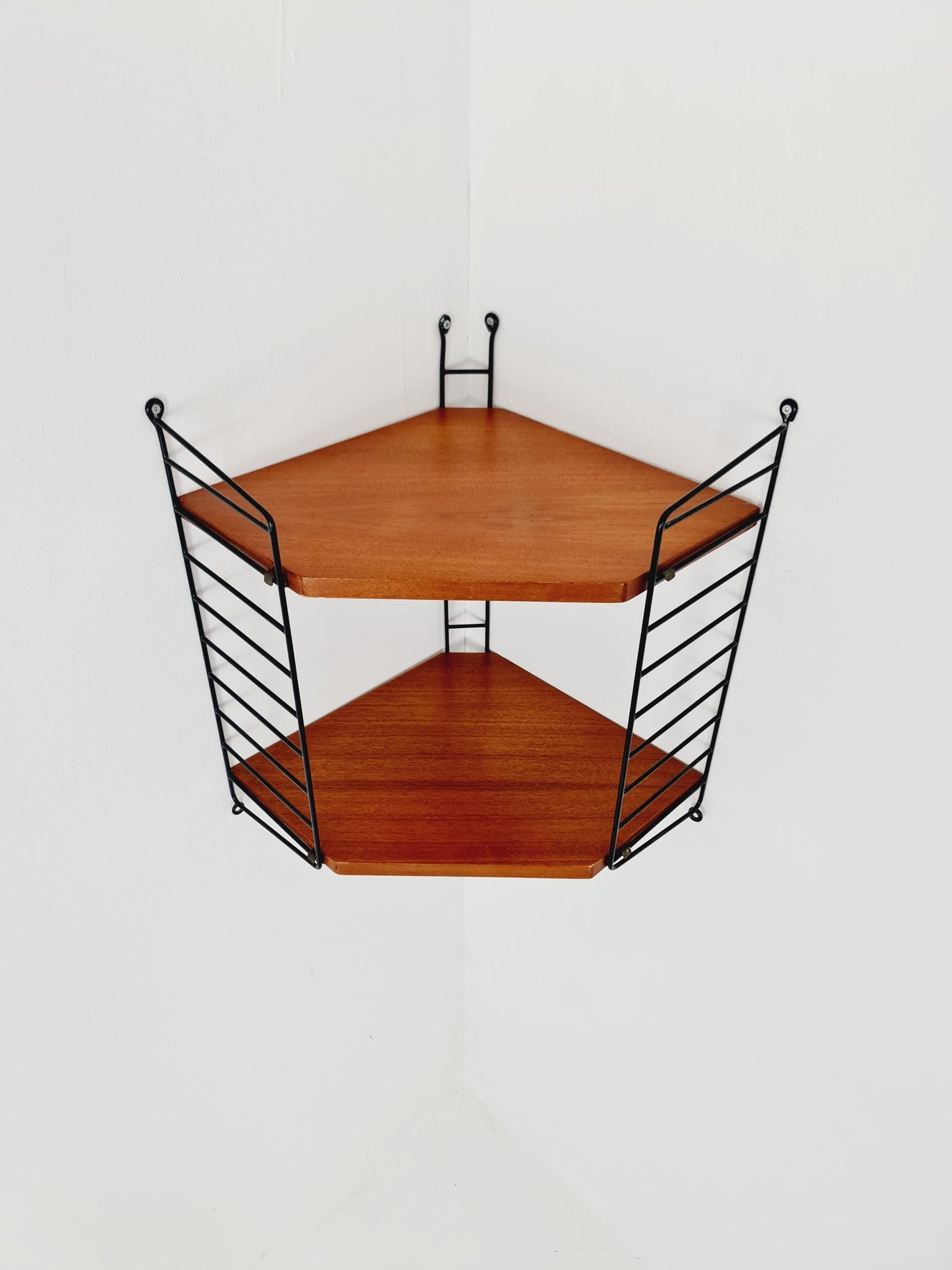 Original MCM Teak Corner shelving system - consists of Black lacquered metal ladders, from string Stockholm 1960s