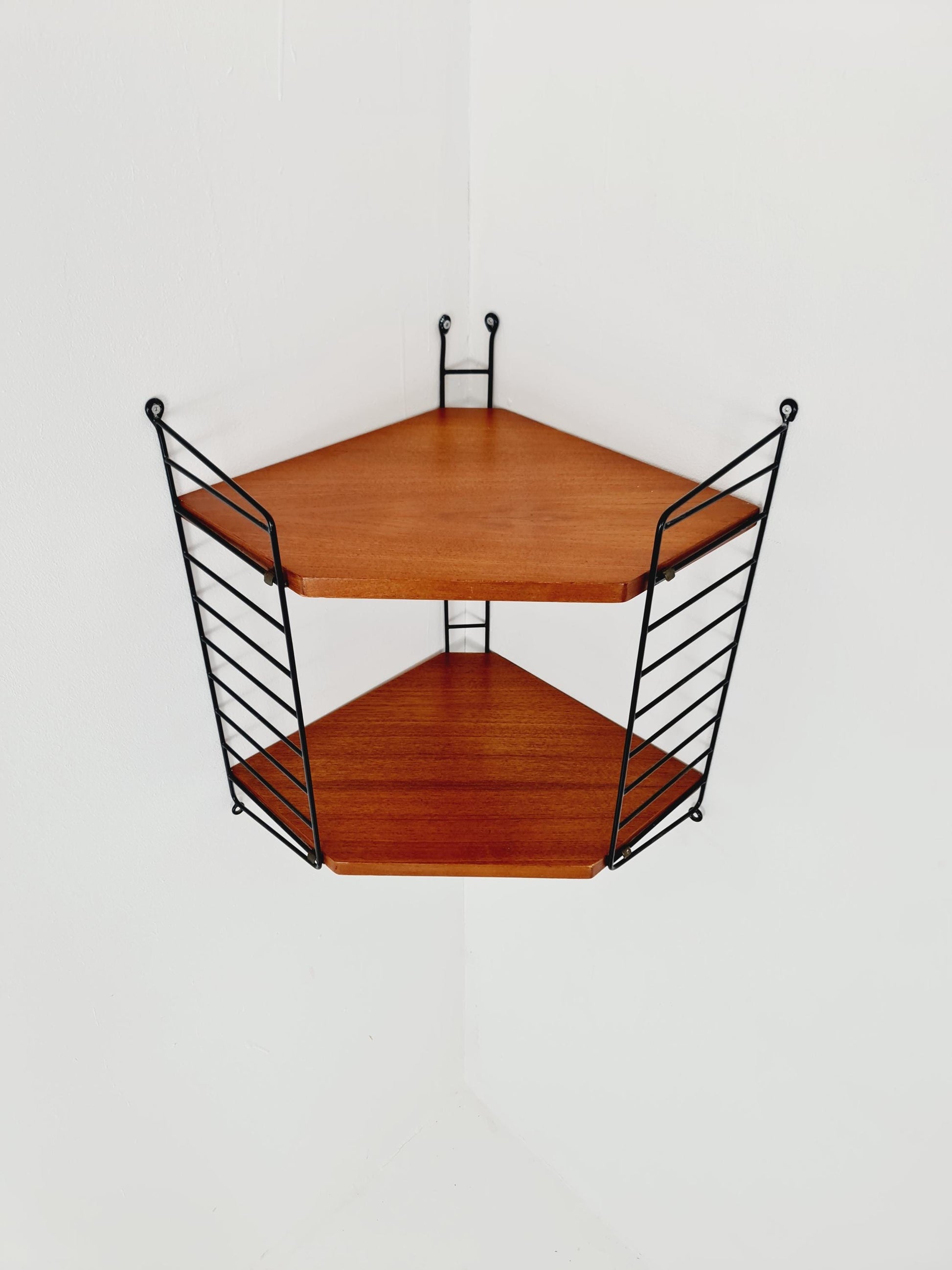 Original MCM Teak Corner shelving system - consists of Black lacquered metal ladders, from string Stockholm 1960s