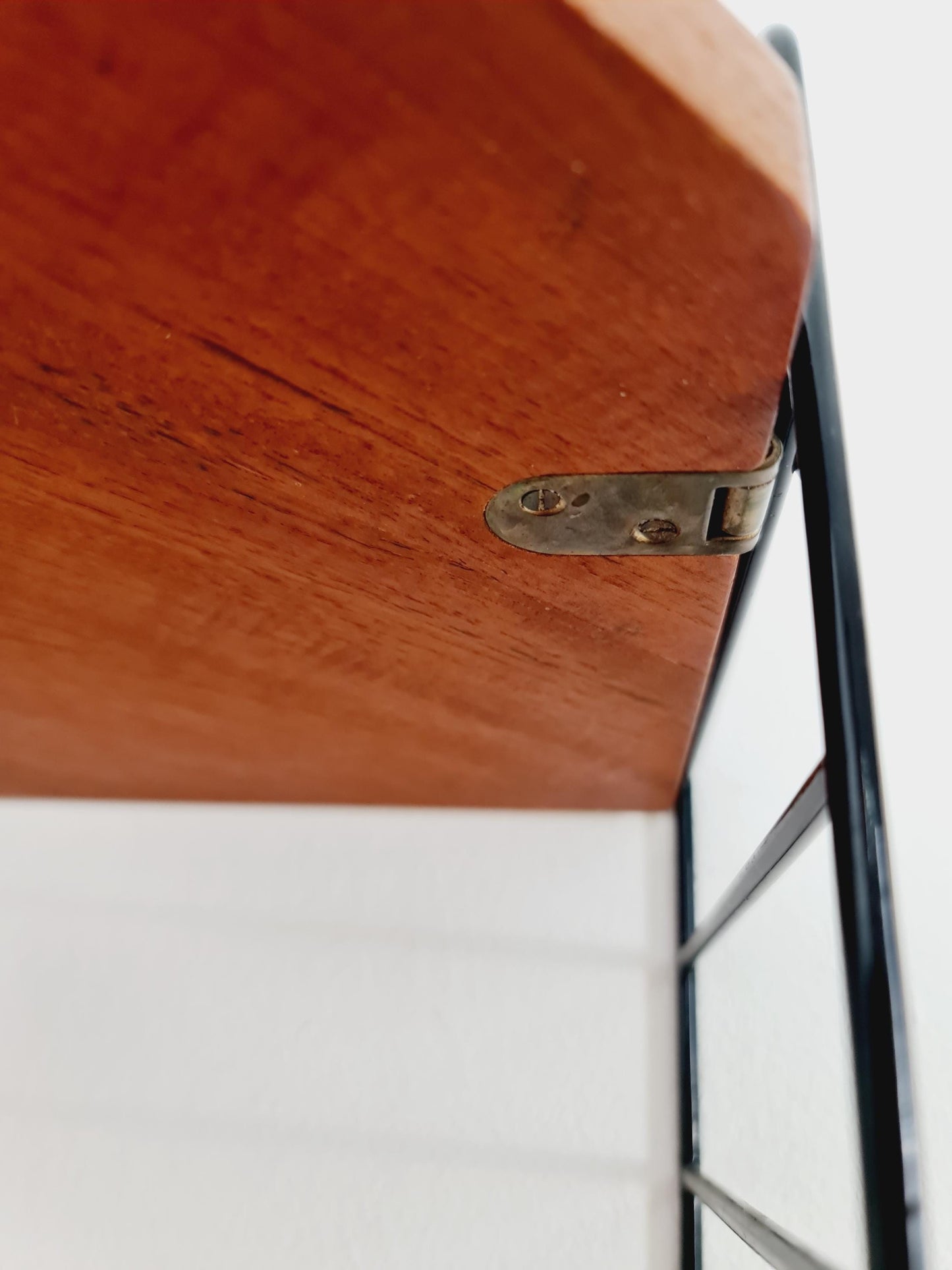 Original MCM Teak Corner shelving system - consists of Black lacquered metal ladders, from string Stockholm 1960s