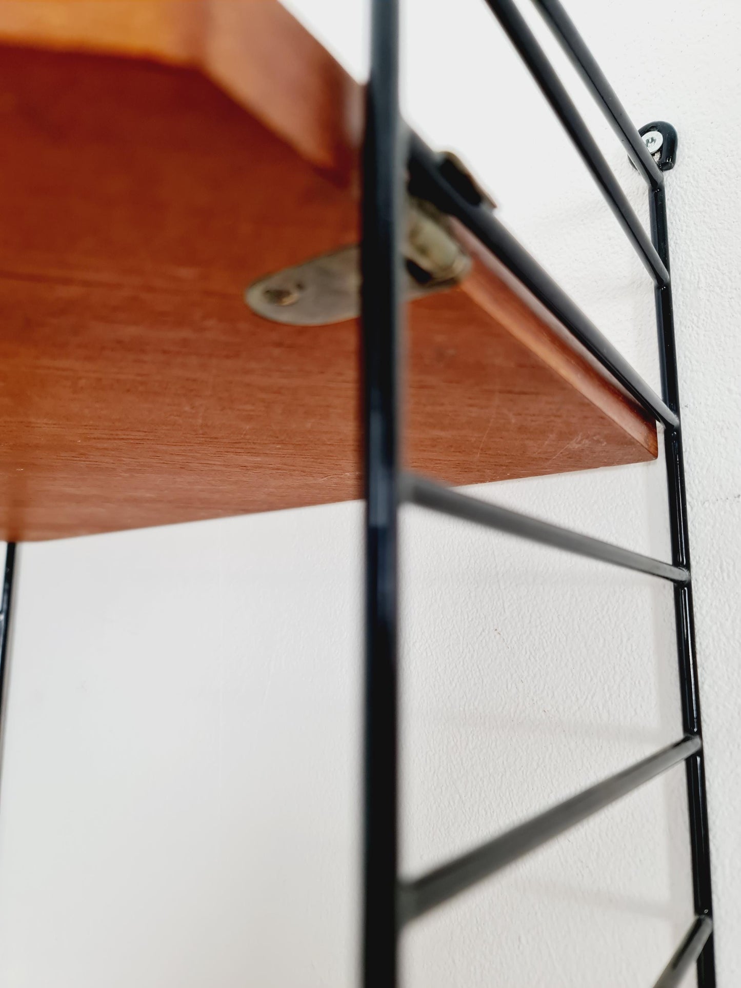 Original MCM Teak Corner shelving system - consists of Black lacquered metal ladders, from string Stockholm 1960s