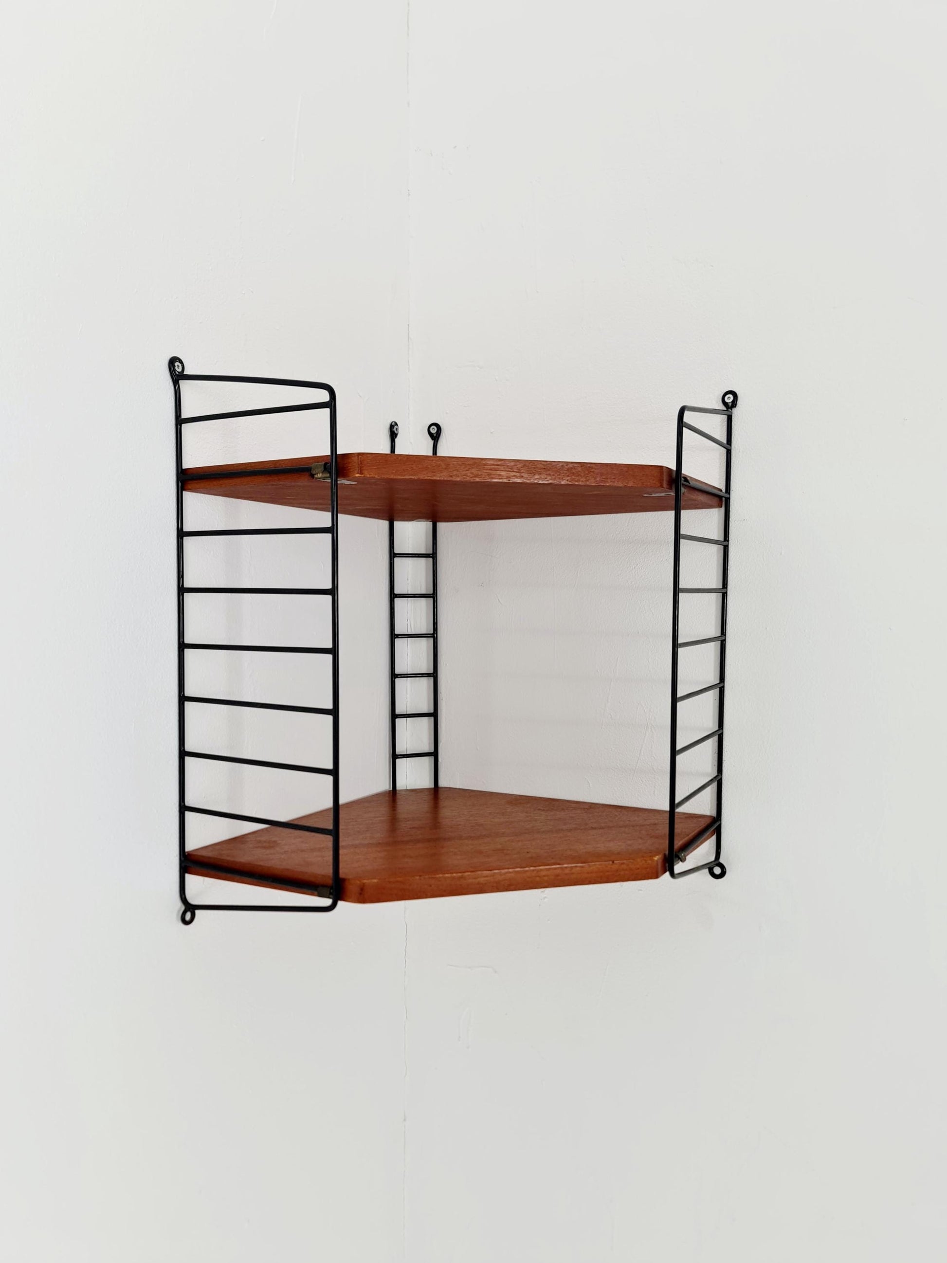 Original MCM Teak Corner shelving system - consists of Black lacquered metal ladders, from string Stockholm 1960s